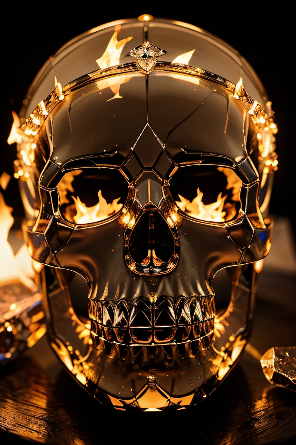 a close-up of a brain holding a skull head with molten gold wrapped around it