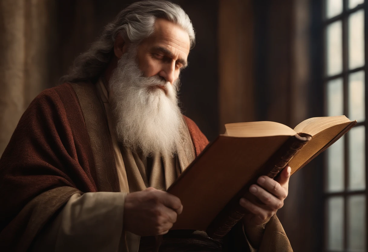 Develop an ultra-realistic image of an Old Testament prophet holding a book