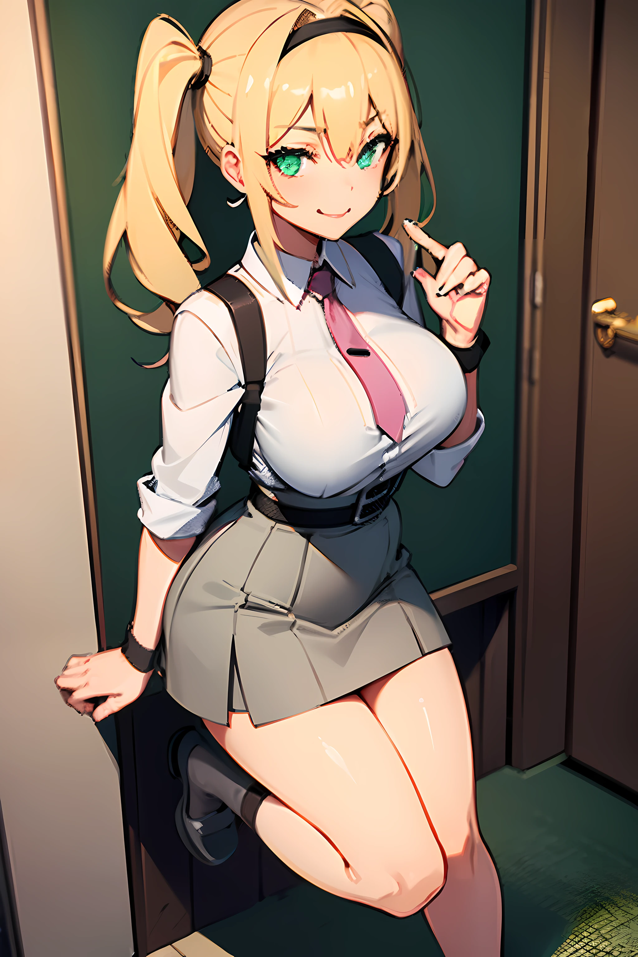 1girl light skin, seductive smirk, b cup size, blonde hair with pig tails, lime green eyes, wears grey loose shirt, she wears a grey short skirt, wears brown soft slippers, full body view,