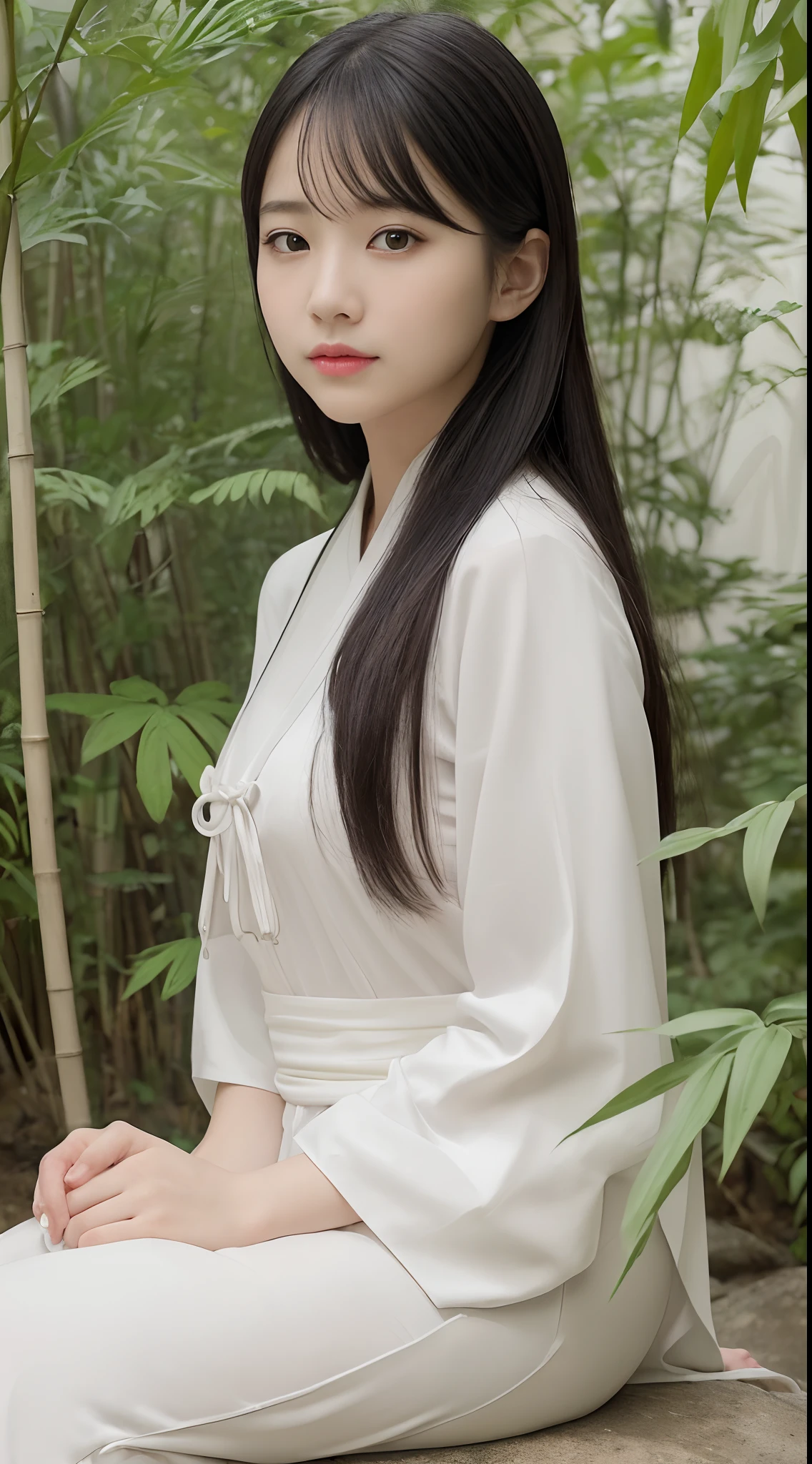 Araffe asian woman sitting on a bench in a white outfit - SeaArt AI