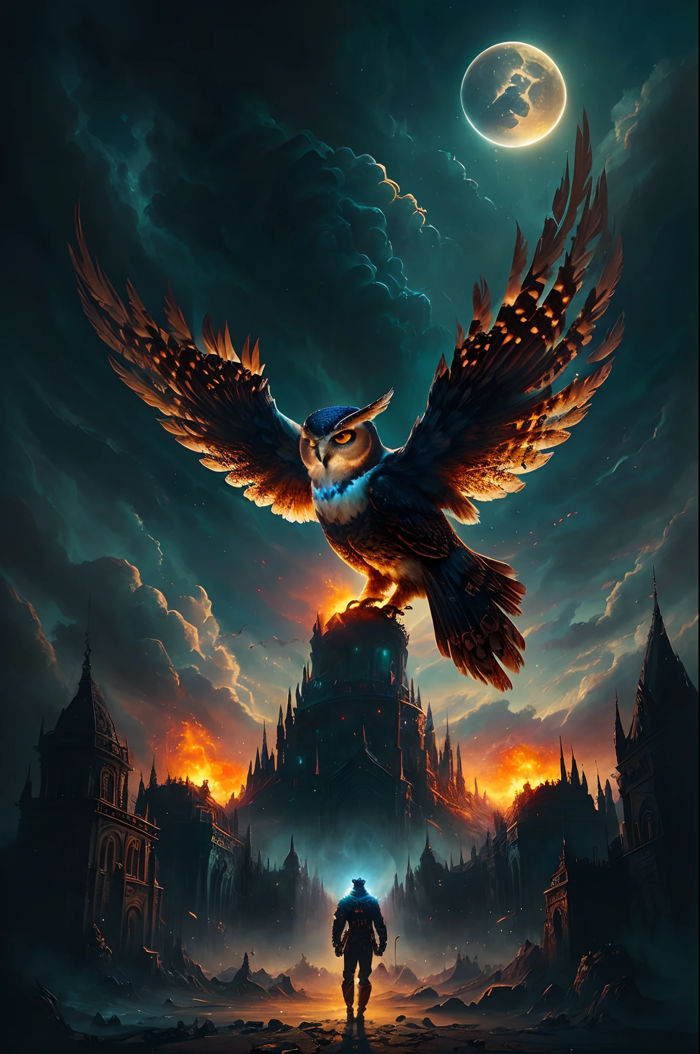 The owl stands in front of the Dark City,Close-up of owl,The face and wings glow, Beautiful and elegant owl, Symmetrical epic fantasy art, dan mumford tom bagshaw, an ominous fantasy illustration, Diablo digital concept art, The head is an owl, Fuchsia feathers, Epic fantasy art style, Detailed digital 2D fantasy art, Epic fantasy art style HD, 8K fantasy art,
