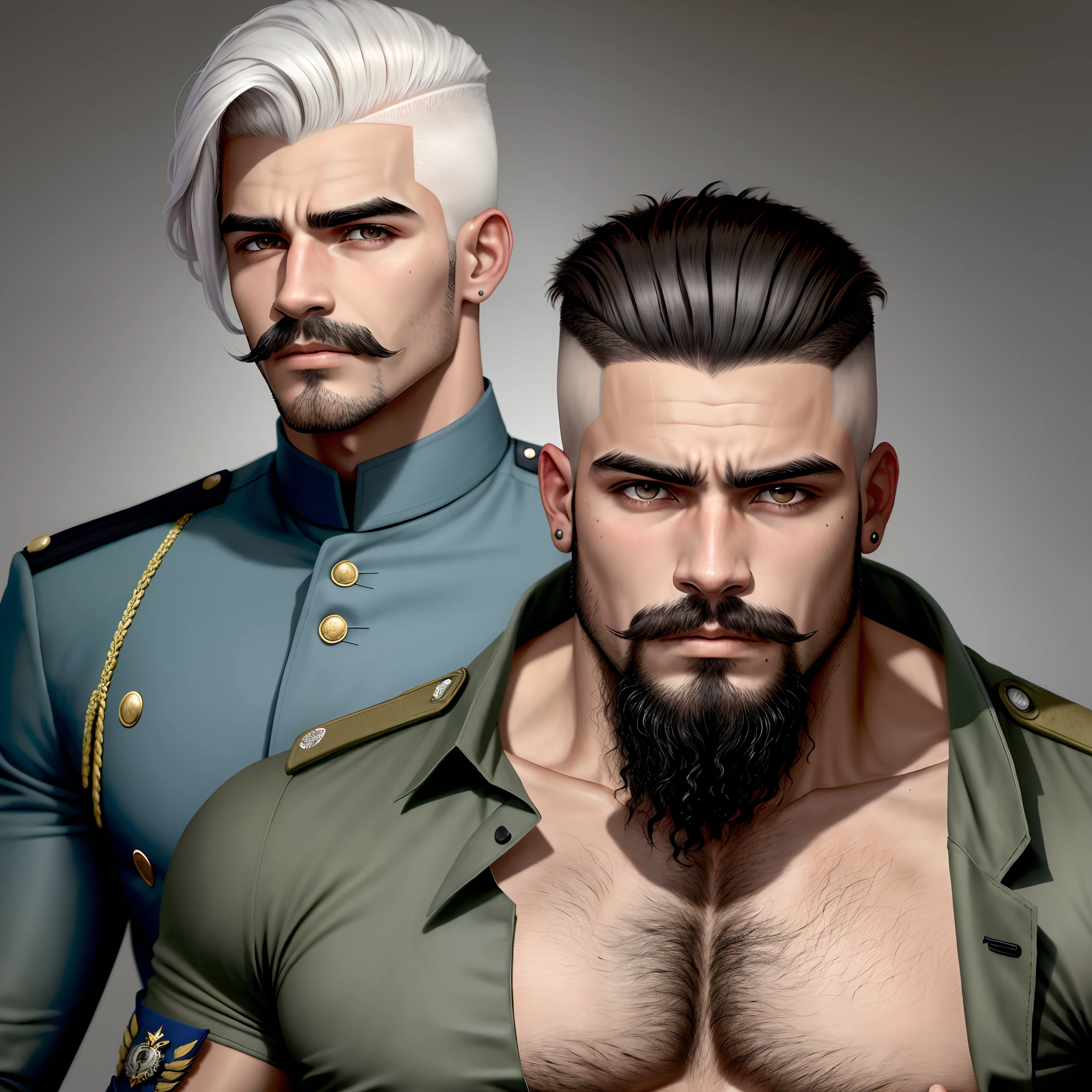 Homen jovem, cabelos pretos, olhos castanhos, cabelo militar, cavanhaque e bigodes curto, musculoso