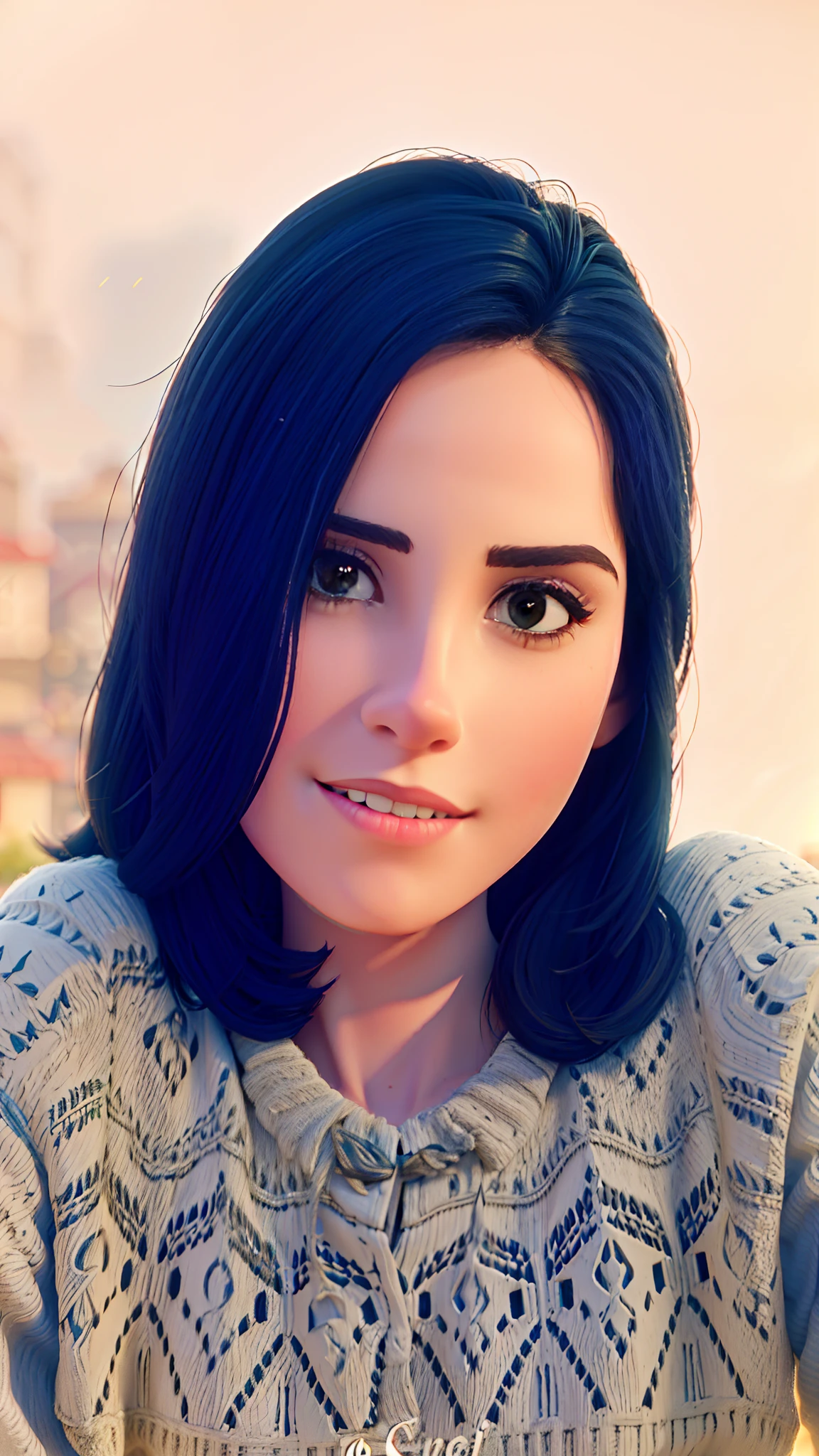 Beautiful Brazilian woman sitting and drinking coffee outside on the side of the street in a small café, beautiful face, Short black hair down to the nape of her neck with brown eyes and heavy eyeshadow, Wearing jeans and a black polo shirt, grande estilo de moda, looking at you with loving eyes and a soft smile, Background is a European city of the city center, fundo desfocado, profundidade de campo rasa, Cinematic light, luz suave, retroiluminado, micro-detalhes, renderizado, fotorrealista, cinemactic, 85mm 1.4