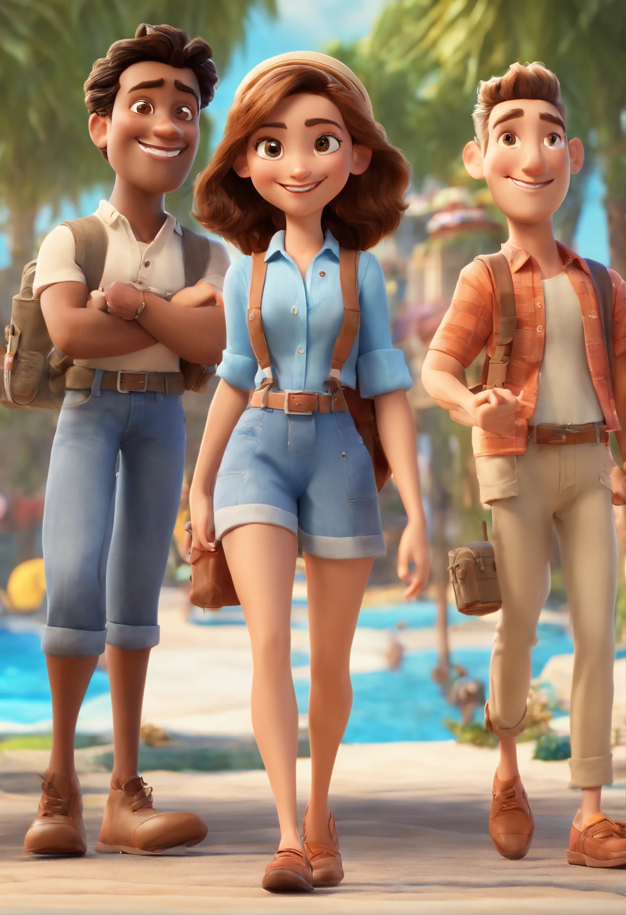 Cartoon of friends having fun on vacation together,  3D Animation Movie Poster, Poster de filme animado, pixar 3 d animation style, pixar renderman rendering, maia 8 mil, animated film, Disney Pixar Estilo 3D, amigos felizes saem juntos, all wearing light blue shirts and cream brown long pants, camisa azul clara, cream brown pants, ao ar livre, vacation, Disney Pixar Animation Poster