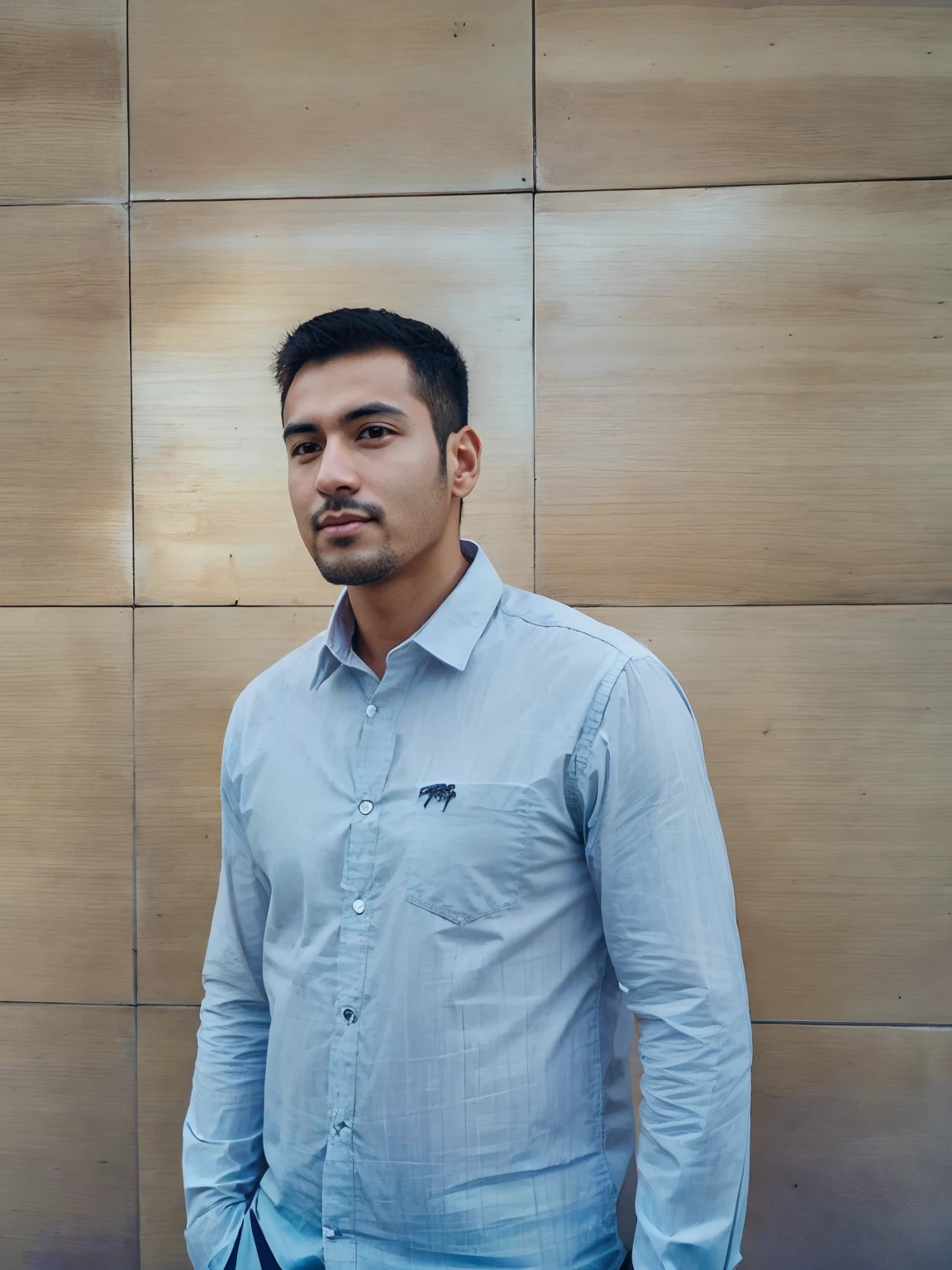 There's a man standing in front of a wall with a wood-paneled wall, foto de perfil, imagem de perfil, imagem muito clara, imagem de qualidade muito baixa, Johnatan Wayshak, Vastayan, Postagem no Reddit, inspirado em Saurabh Jethani, foto portait foto de perfil, Mohamed Chahin, Khyzyl Saleem
