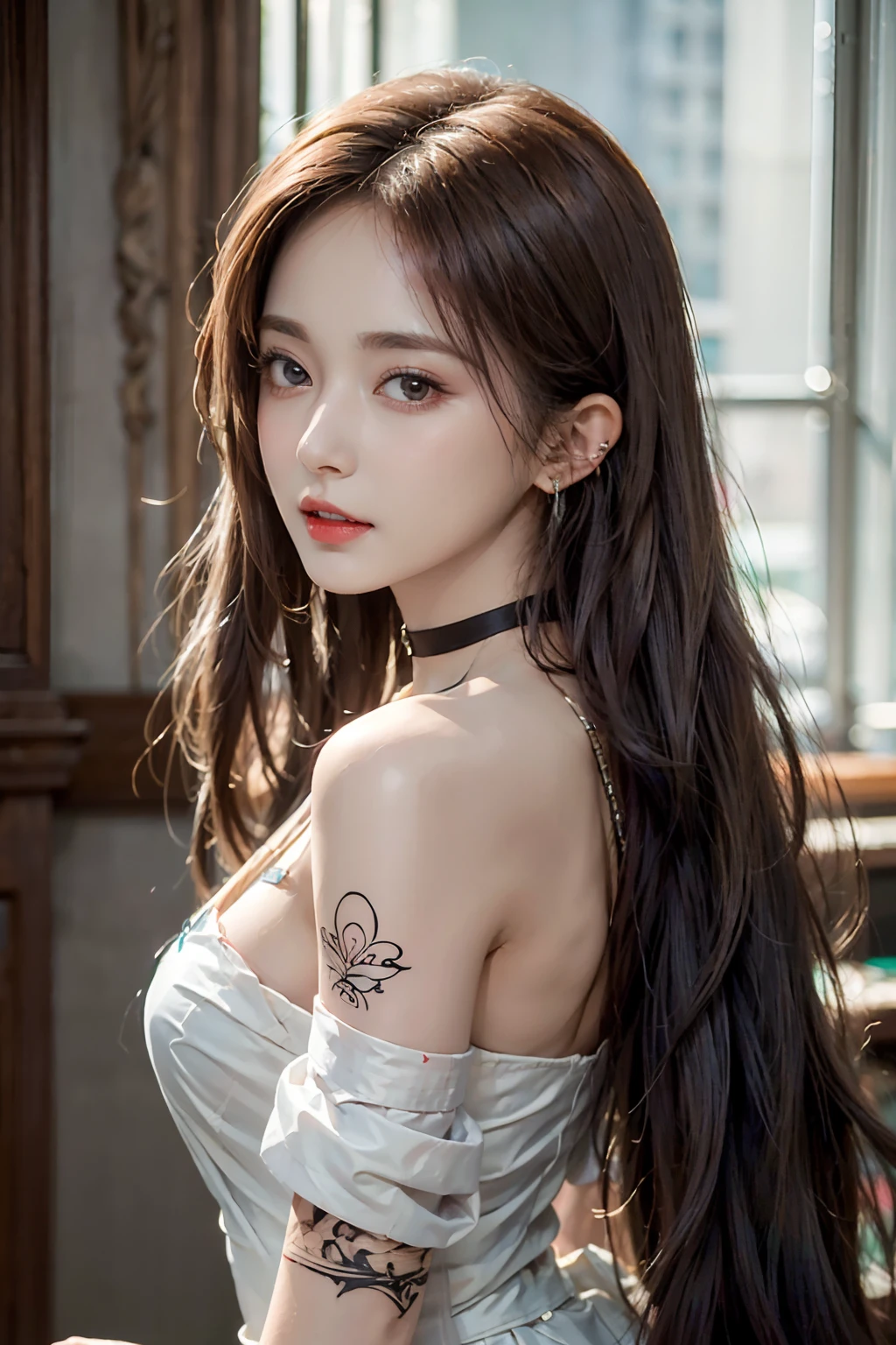 (Ultra Realistic), (Illustration), (Increased Resolution), (8K), (Extremely Detailed), (Best Illustration), (Beautiful and Detailed Eyes), (Best Quality), (Ultra Detailed), (Masterpiece ), ( wallpaper), (detailed face), solo, 1 girl, looking at viewer, fine details, detailed face, in the dark, deep shadows, low key, pureerosfaceace_v1, smiling, long hair, black shawl straight hair , 46 points oblique bangs