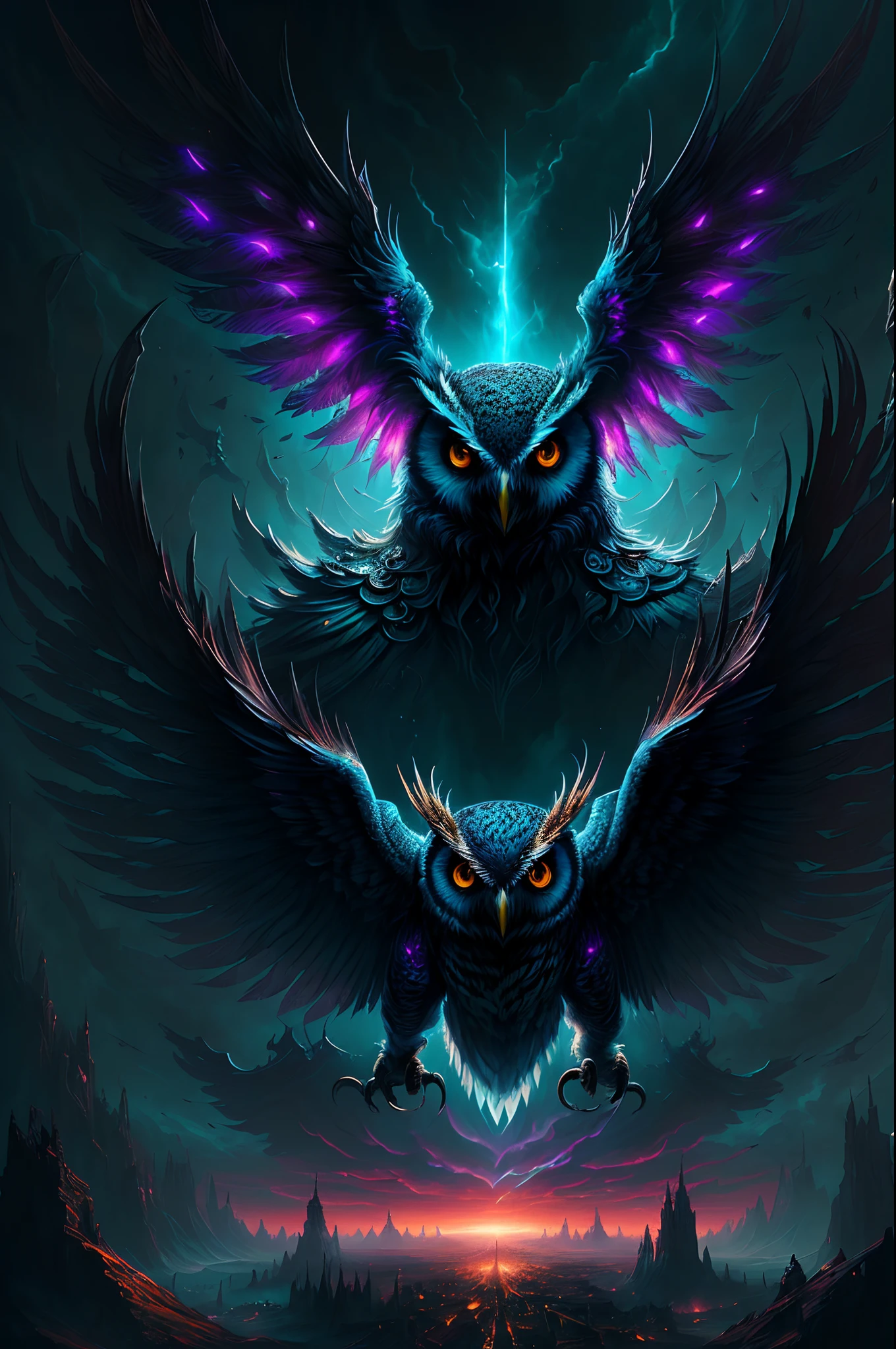 Hooters，Owl head，Owl eyes，The owl stands in front of the Dark City,Close-up of owl，The face and wings glow, Beautiful and elegant owl, Symmetrical epic fantasy art, dan mumford tom bagshaw, an ominous fantasy illustration, Diablo digital concept art, The head is an owl， Fuchsia feathers, Epic fantasy art style, Detailed digital 2D fantasy art, Epic fantasy art style HD, 8K fantasy art,