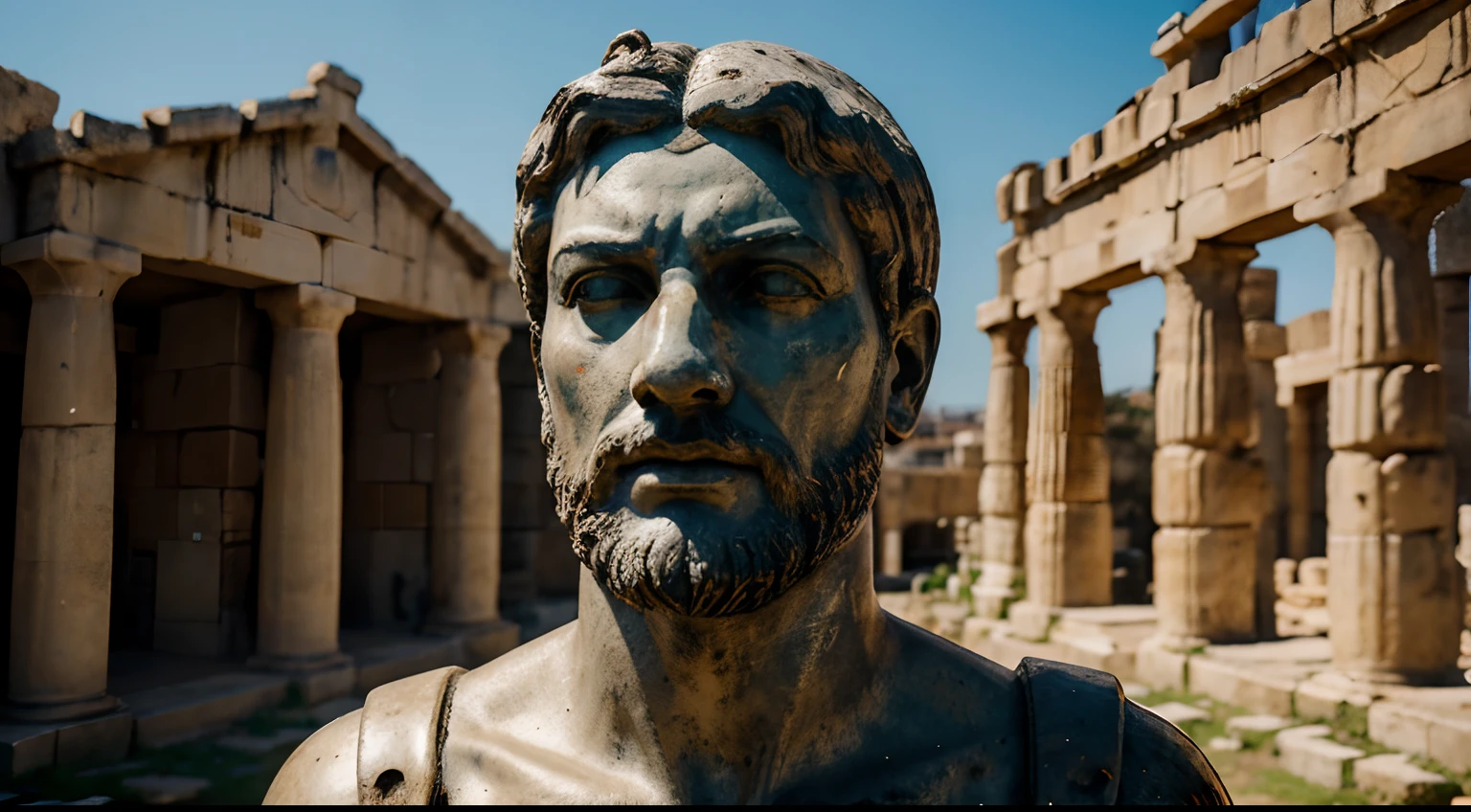 Ancient Stoic Statue With Very Angry Expression, tem barba, muitos detalhes em ambos os olhos, Outside, fundo atenas grego, open sky, com rosto extremamente detalhado full body view, Colors with low saturation with dark tone, Filmado em Sony A7S III com Sony FE 35mm f/1.8, 12.1 MP, --AR 3:2 --estilo cru