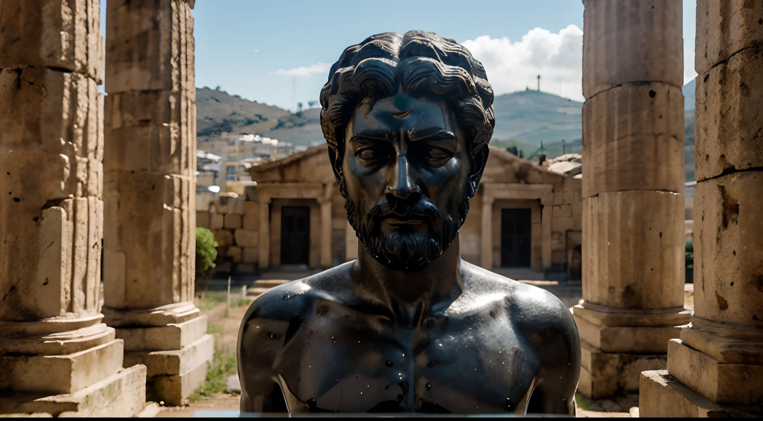 Ancient Stoic Statue With Very Angry Expression, tem barba, muitos detalhes em ambos os olhos, Outside, fundo atenas grego, open sky, com rosto extremamente detalhado full body view, Colors with low saturation with dark tone, Filmado em Sony A7S III com Sony FE 35mm f/1.8, 12.1 MP, --AR 3:2 --estilo cru