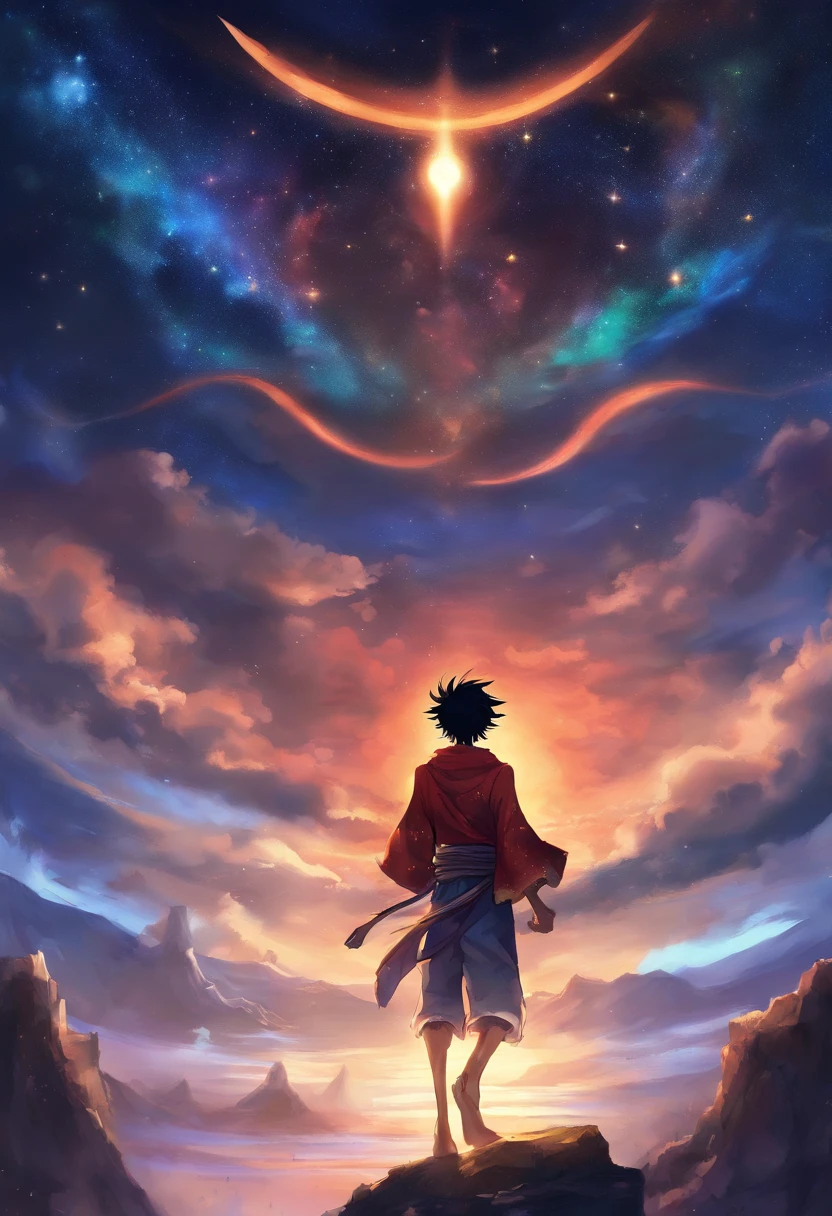 Monkey D Luffy Wano, on top of a large stone, olhando para o horizonte, roupas laranjas, night sky and starry, bright stars in the sky, facing camera, high quality, ultra sharp,