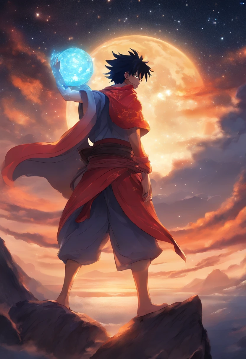 Monkey D Luffy Wano, on top of a large stone, olhando para o horizonte, roupas laranjas, night sky and starry, bright stars in the sky, facing camera, high quality, ultra sharp,
