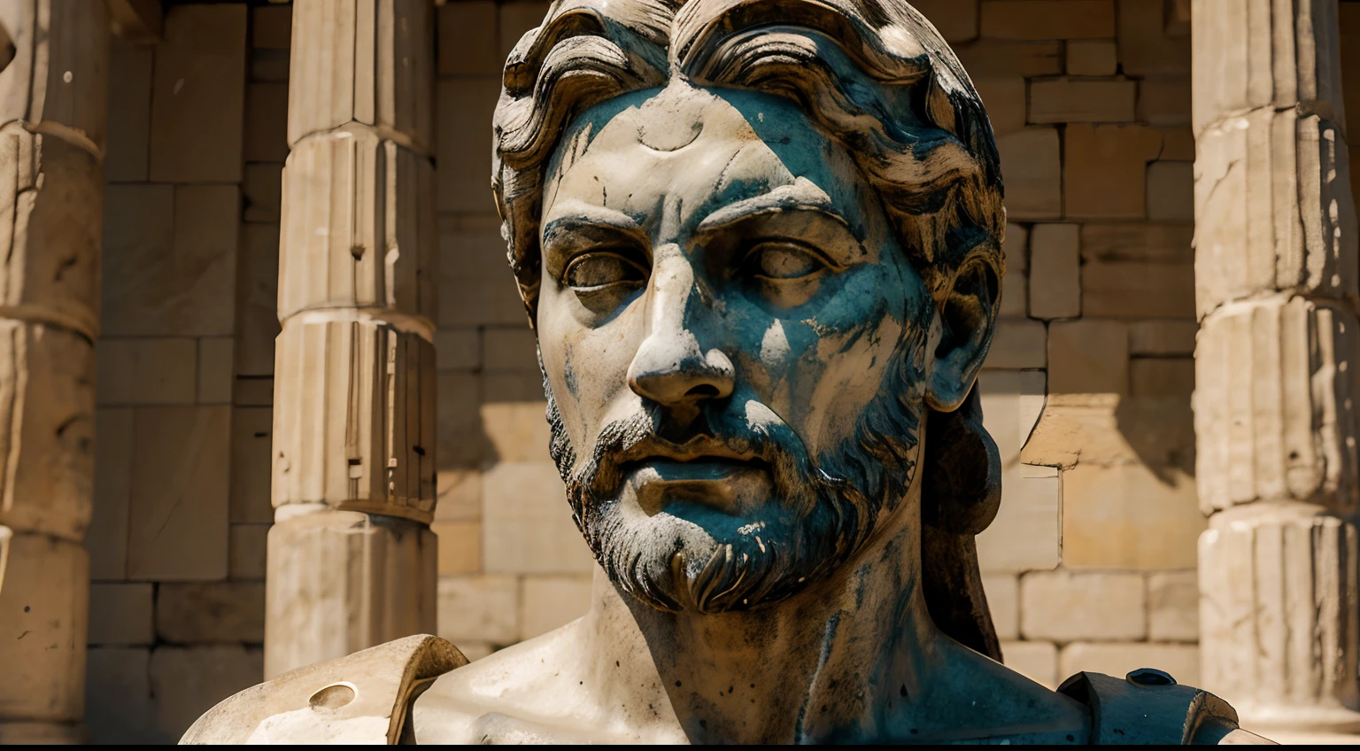 Ancient Stoic Statue With Very Angry Expression, tem barba, muitos detalhes em ambos os olhos, Outside, fundo atenas grego, open sky, com rosto extremamente detalhado full body view, Colors with low saturation with dark tone, Filmado em Sony A7S III com Sony FE 35mm f/1.8, 12.1 MP, --AR 3:2 --estilo cru