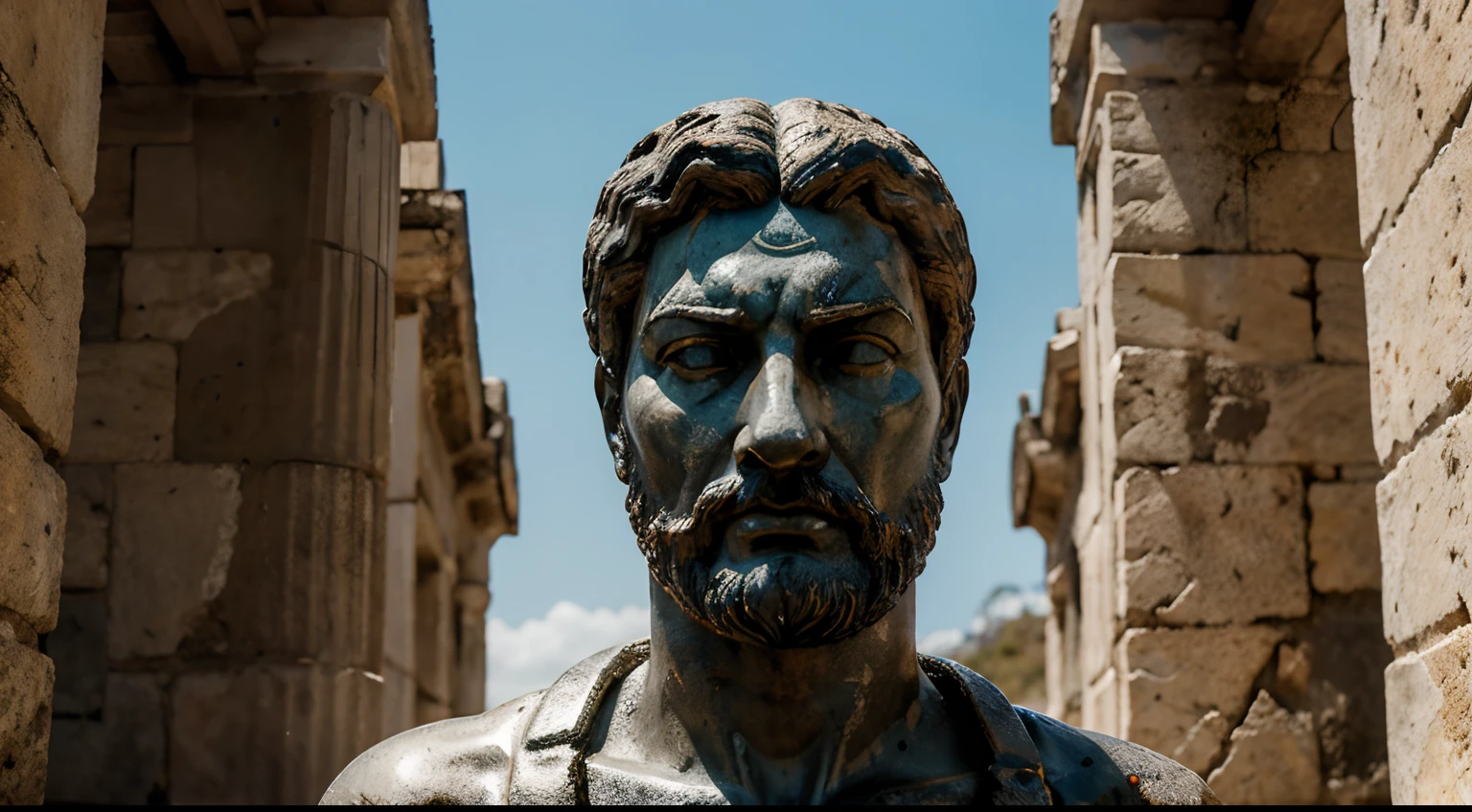 Ancient Stoic Statue With Very Angry Expression, tem barba, muitos detalhes em ambos os olhos, Outside, fundo atenas grego, open sky, com rosto extremamente detalhado full body view, Colors with low saturation with dark tone, Filmado em Sony A7S III com Sony FE 35mm f/1.8, 12.1 MP, --AR 3:2 --estilo cru