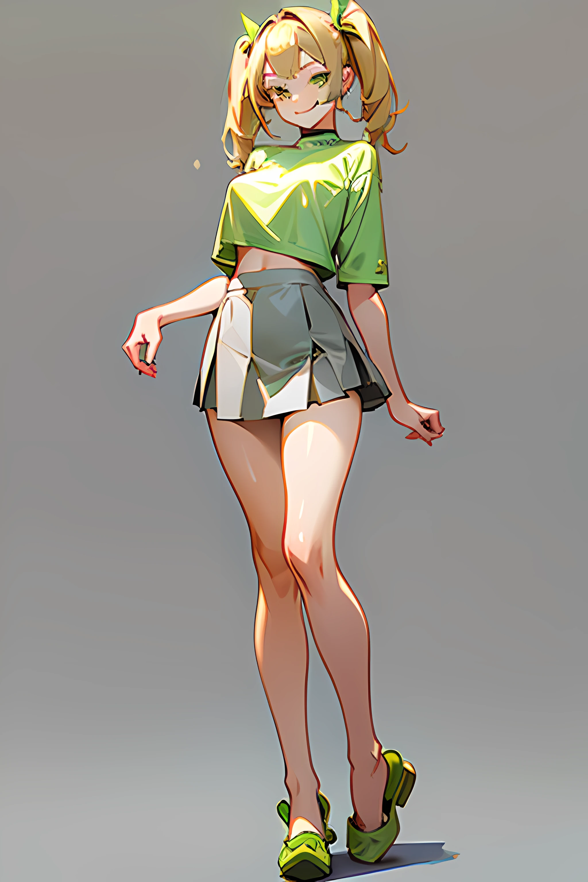 1girl light skin, seductive smirk, b cup size, blonde hair with pig tails, lime green eyes, wears grey loose shirt, she wears a grey short skirt, wears brown soft slippers, full body view,