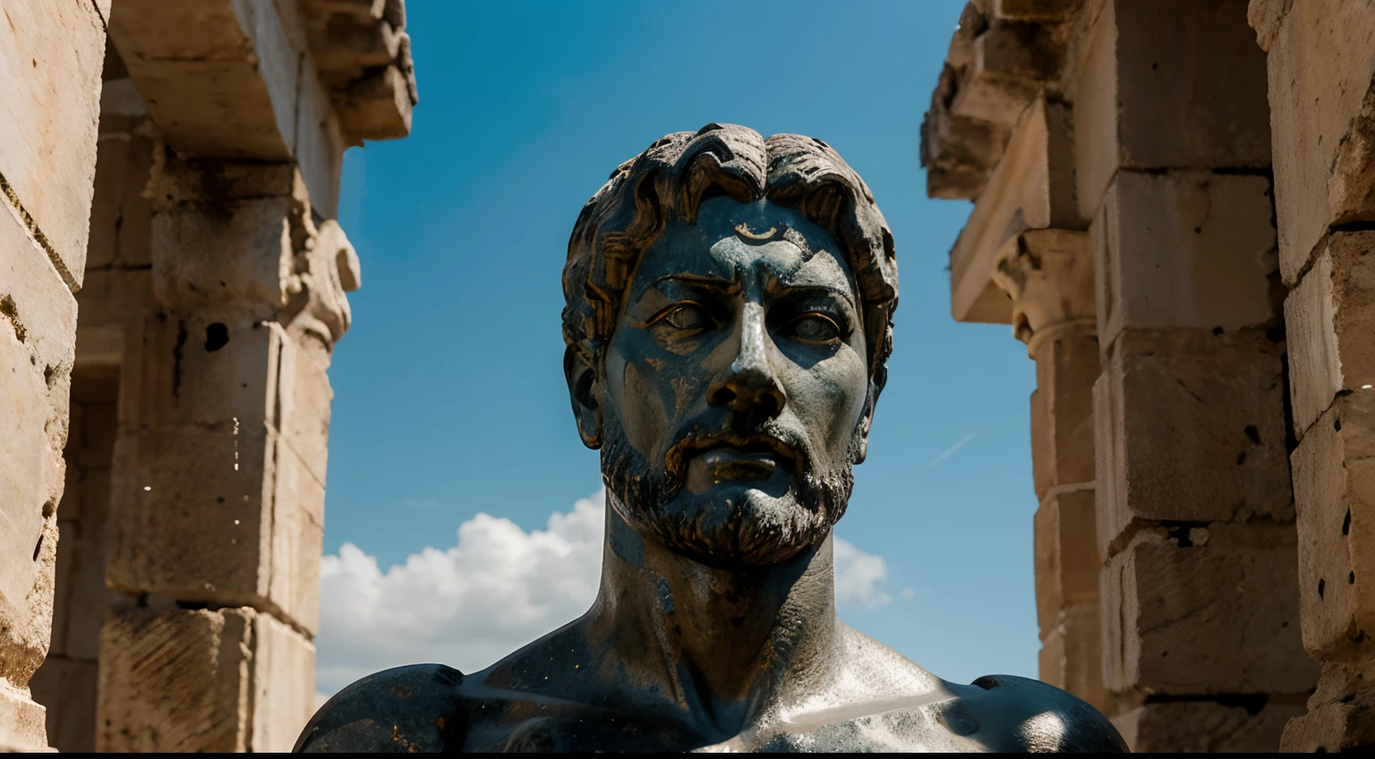 Ancient Stoic Statue With Very Angry Expression, tem barba, muitos detalhes em ambos os olhos, Outside, fundo atenas grego, open sky, com rosto extremamente detalhado full body view, Colors with low saturation with dark tone, Filmado em Sony A7S III com Sony FE 35mm f/1.8, 12.1 MP, --AR 3:2 --estilo cru