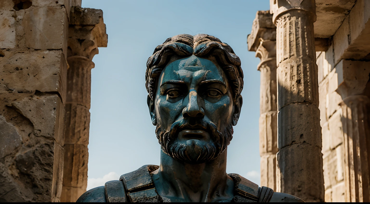 Ancient Stoic Statue With Very Angry Expression, tem barba, muitos detalhes em ambos os olhos, Outside, fundo atenas grego, open sky, com rosto extremamente detalhado full body view, Colors with low saturation with dark tone, Filmado em Sony A7S III com Sony FE 35mm f/1.8, 12.1 MP, --AR 3:2 --estilo cru