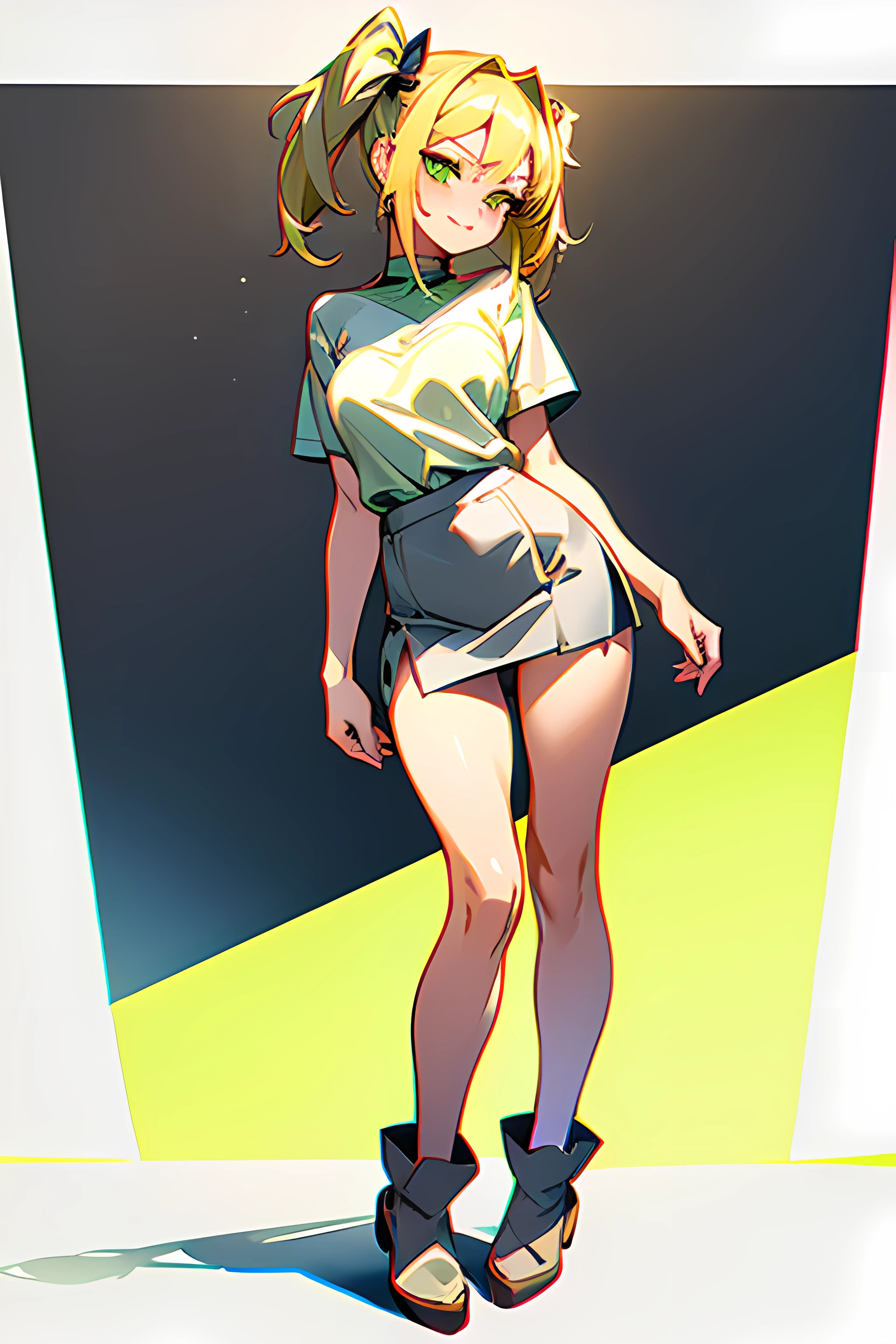 1girl light skin, seductive smirk, b cup size, blonde hair with pig tails, lime green eyes, wears grey loose shirt, she wears a grey short skirt, wears brown soft slippers, full body view,