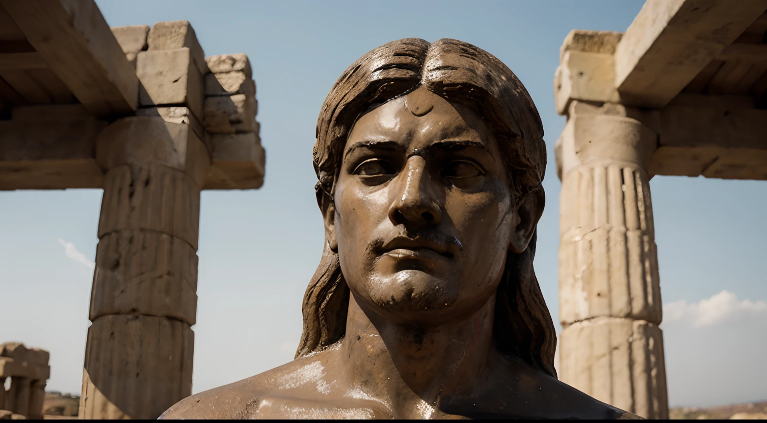 Ancient Stoic Statue With Very Angry Expression, tem barba, muitos detalhes em ambos os olhos, Outside, fundo atenas grego, open sky, com rosto extremamente detalhado full body view, Colors with low saturation with dark tone, Filmado em Sony A7S III com Sony FE 35mm f/1.8, 12.1 MP, --AR 3:2 --estilo cru