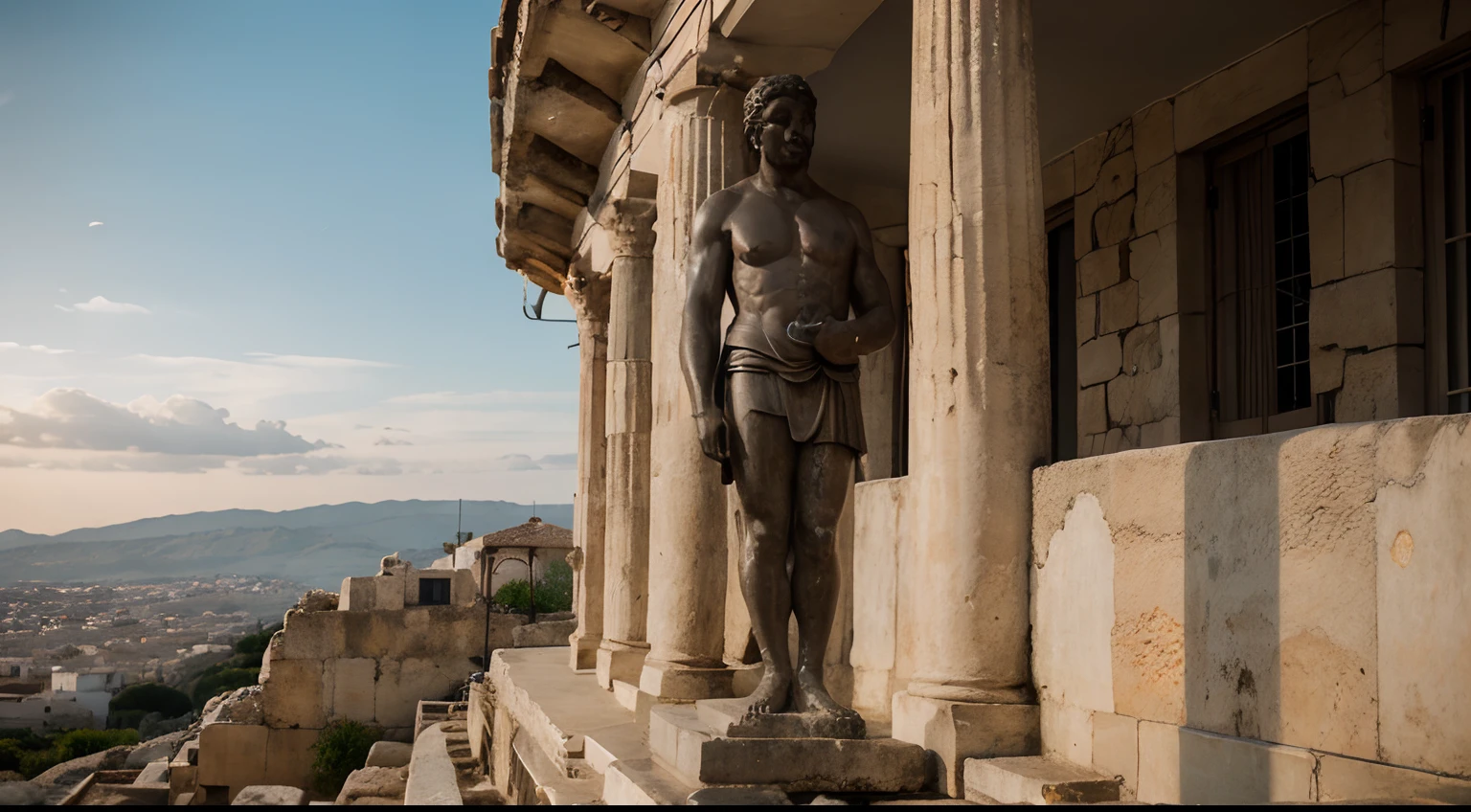 Ancient Stoic Statue With Very Angry Expression, tem barba, muitos detalhes em ambos os olhos, Outside, fundo atenas grego, open sky, com rosto extremamente detalhado full body view, Colors with low saturation with dark tone, Filmado em Sony A7S III com Sony FE 35mm f/1.8, 12.1 MP, --AR 3:2 --estilo cru