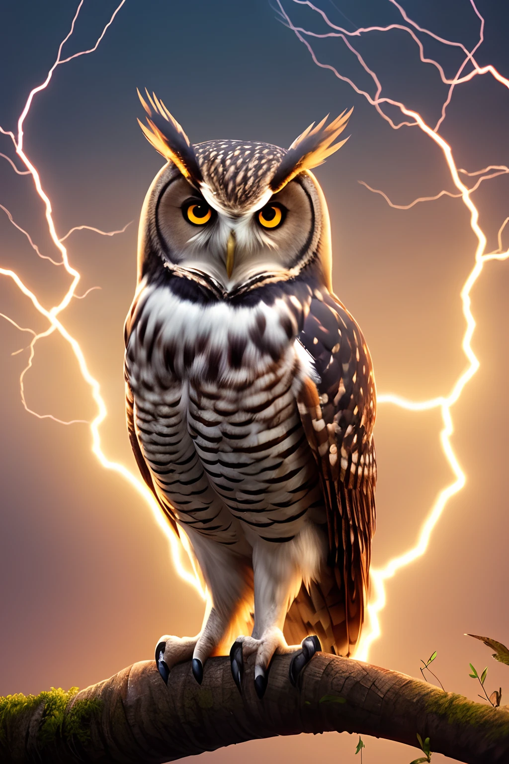 There is an owl sitting on a branch,The background is lightning, radiant owl, glowing owl, 4k highly detailed digital art, highly detailed digital artwork, epic digital art illustration, Highly detailed digital art, Beautiful digital artwork, Amazing digital art, 4K detailed digital art, trending on artstation 4k, 3 d epic illustrations