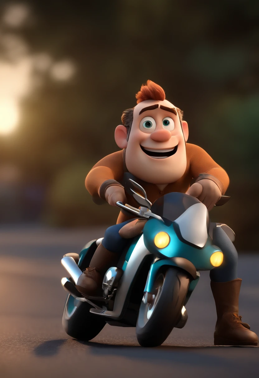 Personagem de desenho animado de um homem em uma moto preta, um personagem animado, Caractere estilizado, animation style rendering, 3D estilizado, Arnold Maya render, 3 d render stylized, toon render keyshot, Personagem 3D, Personagem 3D, 3d rendering stylized, 3 d character render, personagem de desenho animado, Personagem de close up, Pose de personagem, (Estilo Pixar) (master part:1.2) (Bokeh) (best quality) (pele detalhada) (textura detalhada) (8k) (argila) (Cinematic lighting) (foco nítido,Senta e vaza a parte superior do corpo