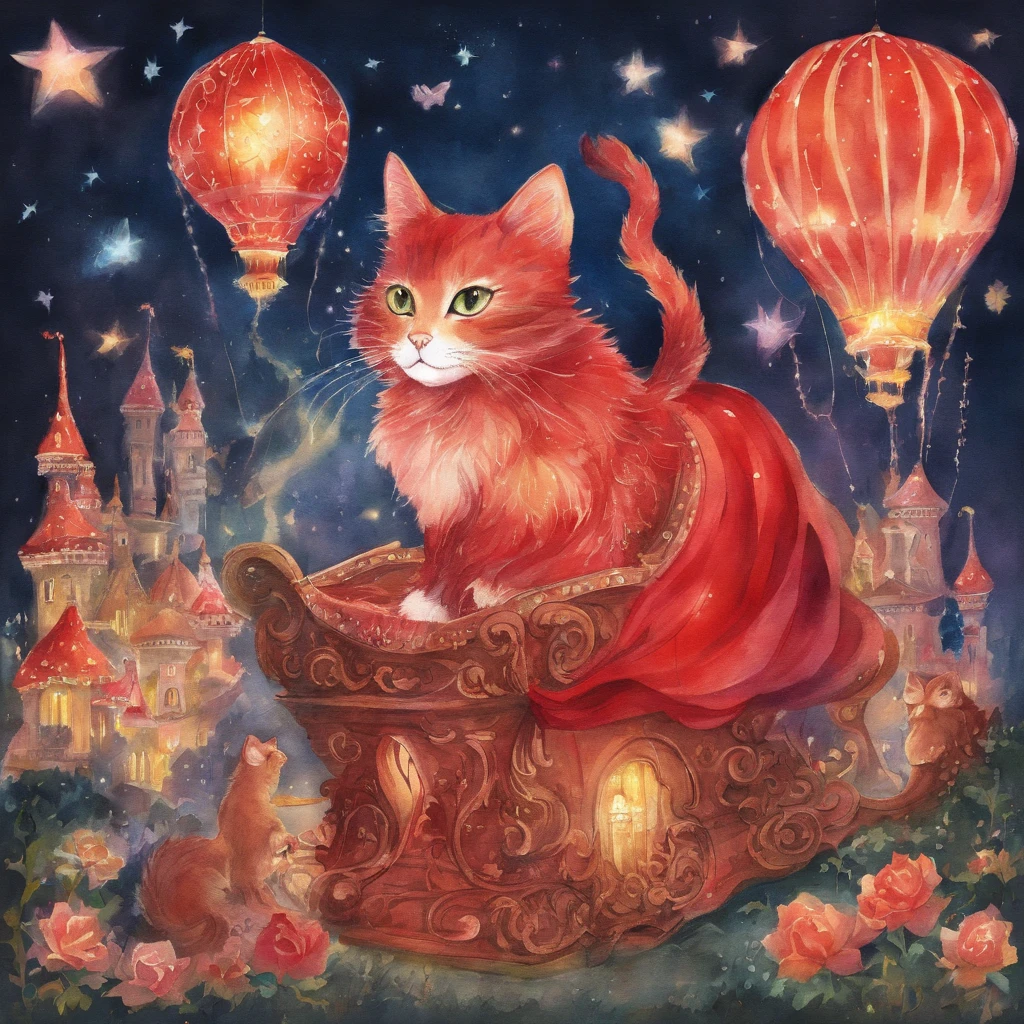 Cat Electric Parade Fantastic atmosphere Picture book illustrations watercolor paiting Overall, the color is strong red