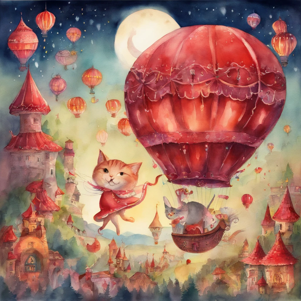 Cat Electric Parade Fantastic atmosphere Picture book illustrations watercolor paiting Overall, the color is strong red