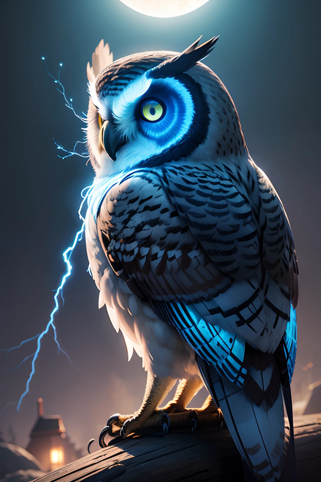 owl , Colorful textures，The tree，a moon，metalictexture，Retro cyberpunk，ultra-realistic realism，Light of Tyndale，{blue white colors}Fire，Lightning arc，Light effects,CG,Blizzard style art trends,Diffuse luminous fog Noctilucent particles,Bright volumetric light - AR 3:4 --s 750 --v 5.2