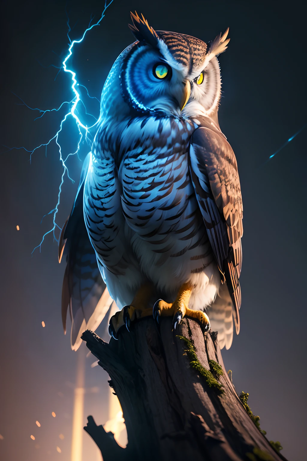 owl , Colorful textures，The tree，a moon，metalictexture，Retro cyberpunk，ultra-realistic realism，Light of Tyndale，{blue white colors}Fire，Lightning arc，Light effects,CG,Blizzard style art trends,Diffuse luminous fog Noctilucent particles,Bright volumetric light - AR 3:4 --s 750 --v 5.2