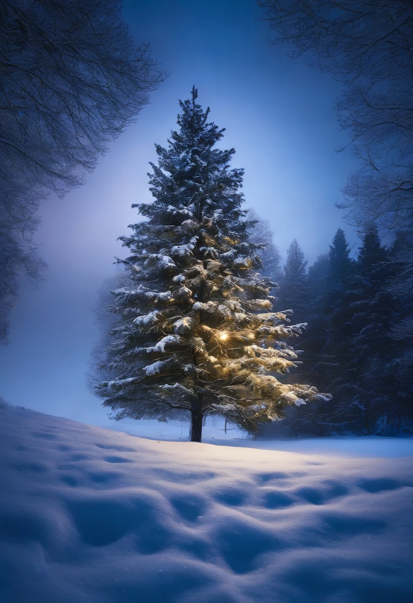 sapin de noel sous la neige au clair de lune, glowing light, sparkle, depth of field, f/1.8, Eye-Level Shot, Wide-Angle, Romanticism, Conceptual art, high detail, Color Field painting, Verism