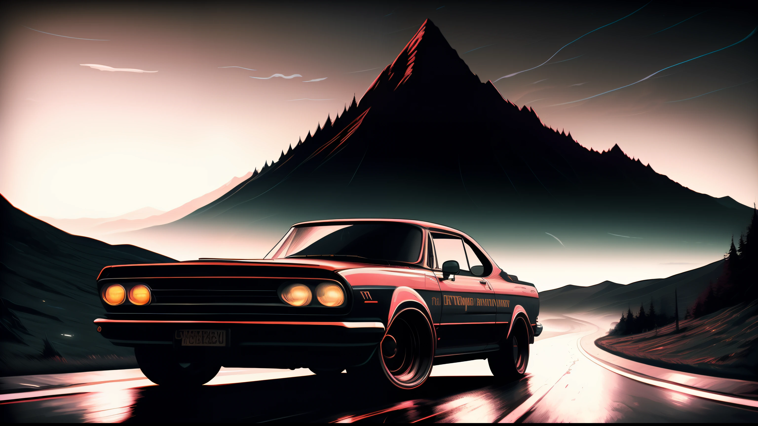 An old car with grass on the roof is driving on the road, photography alexey kurylev, Black Car, photorealistic dark concept art, Operator: alexey gurylev, nicolas delort, Author: Maxim Verekhin, vehicle photography, The creature sells a used car, In the style of "Mad Max", Detailed Conceptual Photography, The creature gets into the car, Dramatic art