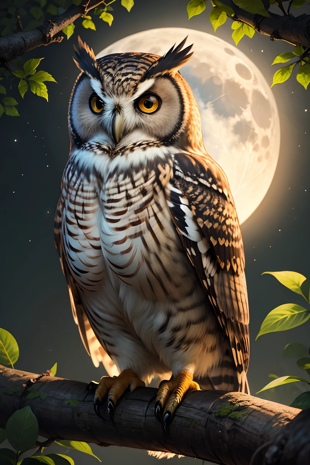 owl , Colorful textures,The tree,a moon