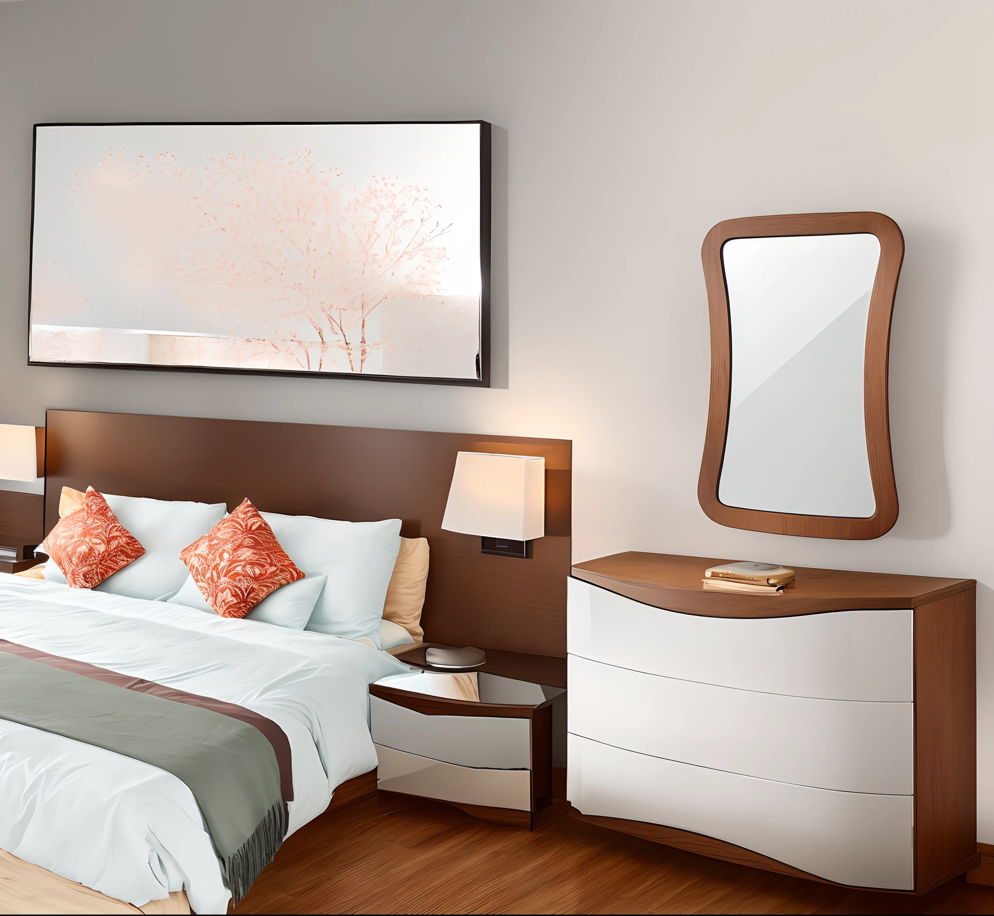There is a bed with mirror and a chest of drawers in one bedroom, quarto mobiliado, quarto de cama, Furniture and decoration, em um quarto, ambiente sereno do quarto, furniture concept photo!!, Detalhe perfeito, warm colorful furniture, Design de curvatura suave, furniture design, interior do quarto, quarto fotorrealista, design elegante, crisp smooth lines, fundo do quarto, Vanara