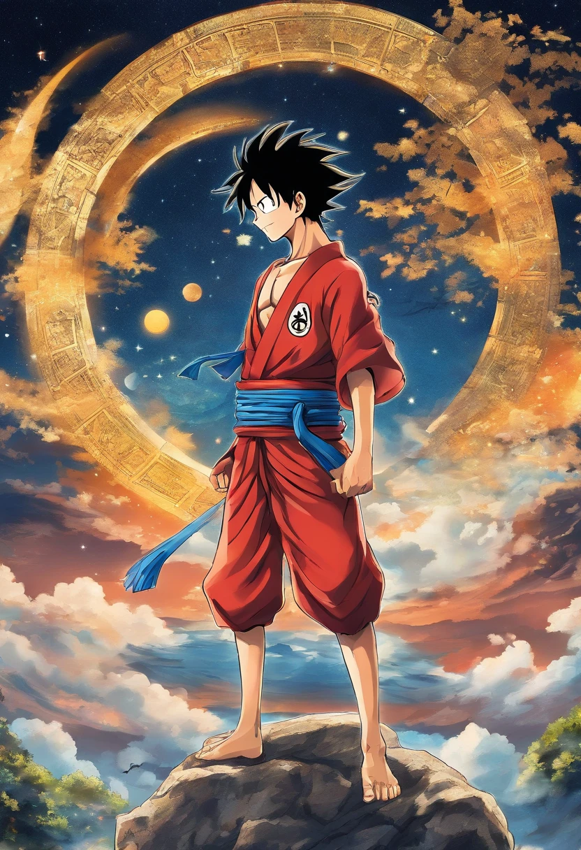 Monkey D Luffy Wano, on top of a large stone, olhando para o horizonte, roupas laranjas, night sky and starry, bright stars in the sky, facing camera, high quality, ultra sharp,