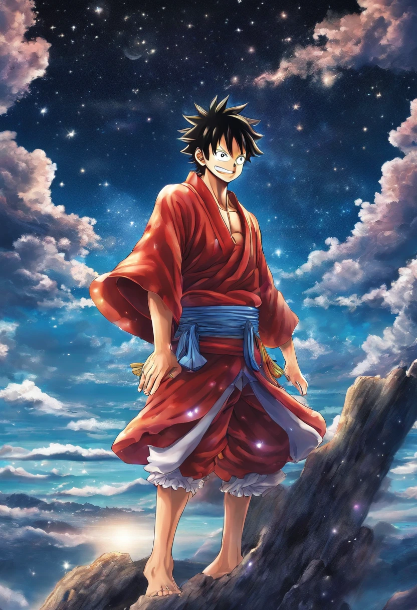 Monkey D Luffy Wano, on top of a large stone, olhando para o horizonte, roupas laranjas, night sky and starry, bright stars in the sky, facing camera, high quality, ultra sharp,
