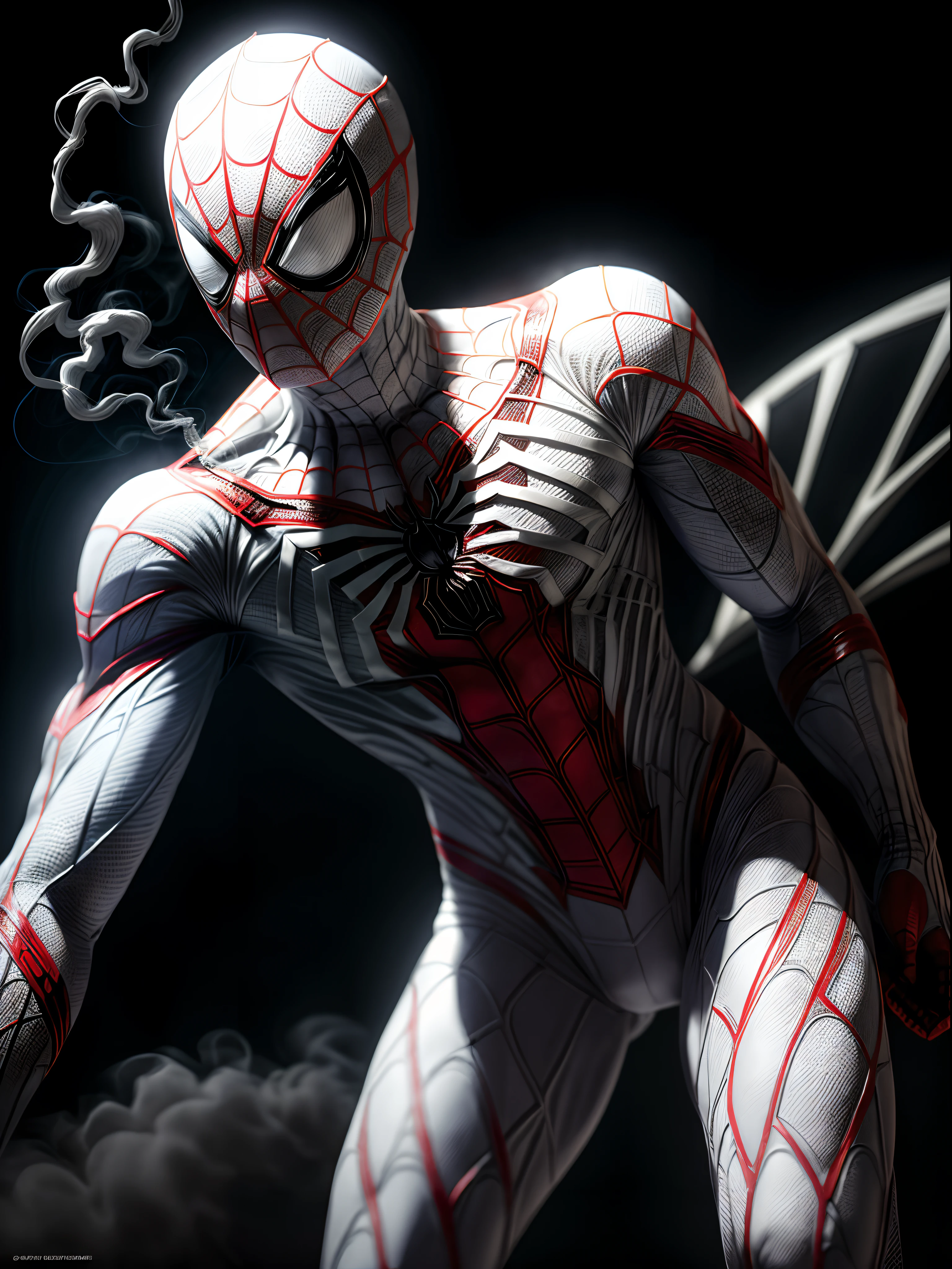 Close-up (White Spiderman suit made of white stripes like a mummy from Marvel in Goth style: 1.3) scary castle , extremely detailed, smoke, sparks, flying debris, volumetric light