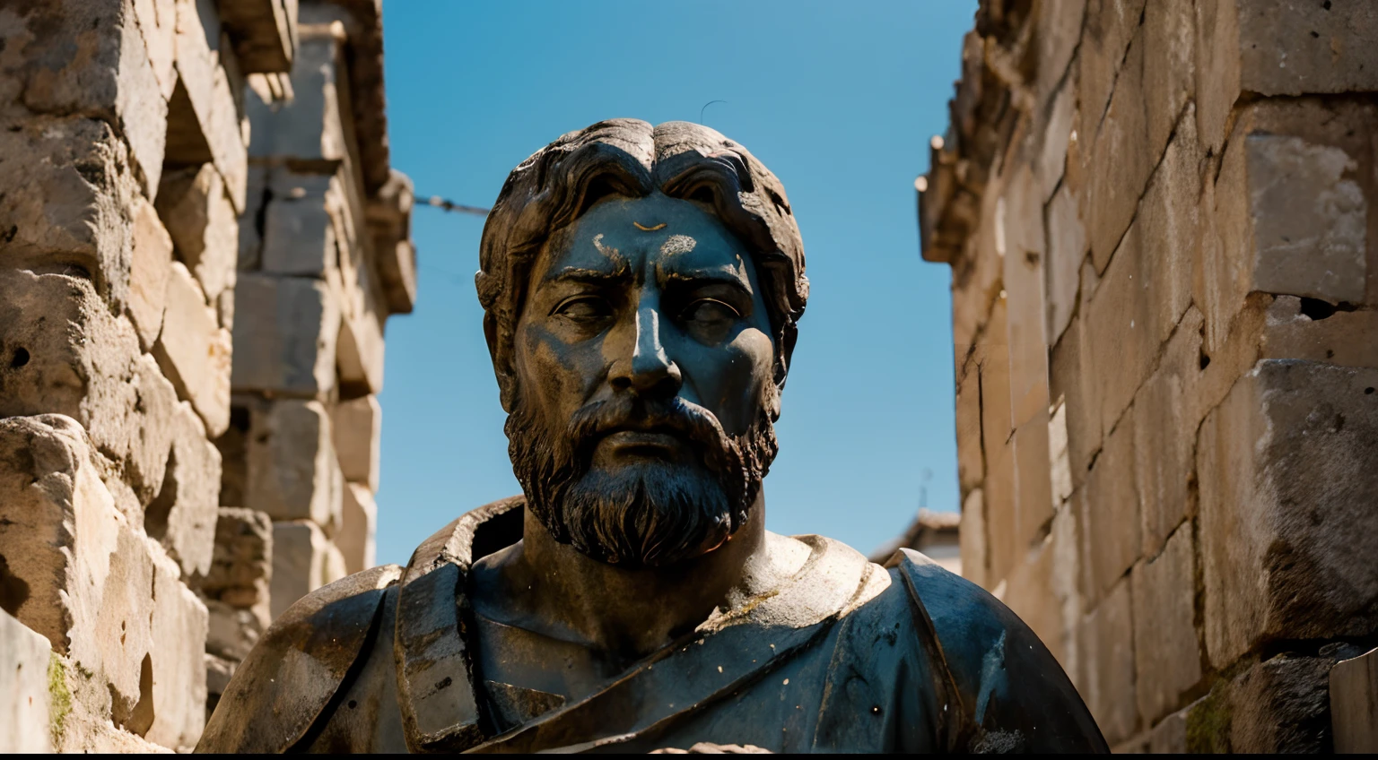 Ancient Stoic Statue With Very Angry Expression, tem barba, muitos detalhes em ambos os olhos, Outside, fundo atenas grego, open sky, com rosto extremamente detalhado full body view, Colors with low saturation with dark tone, Filmado em Sony A7S III com Sony FE 35mm f/1.8, 12.1 MP, --AR 3:2 --estilo cru
