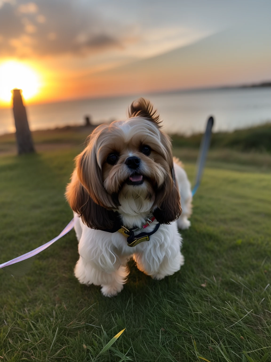 Araffe dog on a leash standing on grass at sunset, looking at sunset, Shih Tzu, in the sunset, sol brilhando sobre ele, in the sunset, during a sunset, at a beautiful sunset, during sunset, at sunset, morning golden hour, watching the sunset, Sunset!, Directed by: Luis Miranda, Directed by: Warren Mahy