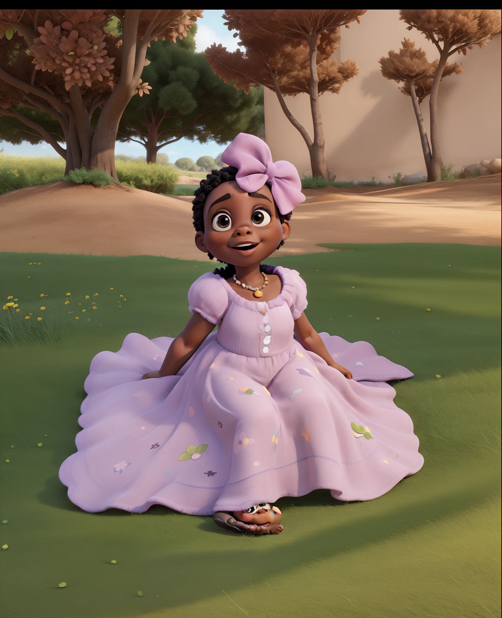 A black baby sitting on the grass Disney Pixar style high quality best quality