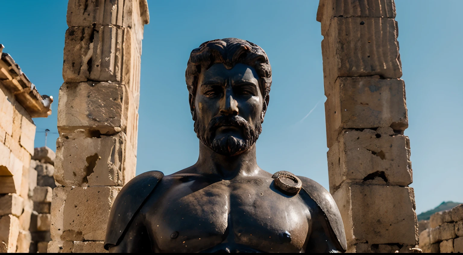 Ancient Stoic Statue With Very Angry Expression, tem barba, muitos detalhes em ambos os olhos, Outside, fundo atenas grego, open sky, com rosto extremamente detalhado full body view, Colors with low saturation with dark tone, Filmado em Sony A7S III com Sony FE 35mm f/1.8, 12.1 MP, --AR 3:2 --estilo cru