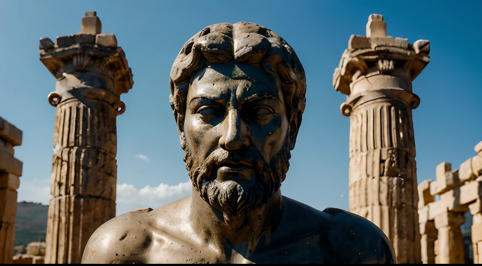 Ancient Stoic Statue With Very Angry Expression, tem barba, muitos detalhes em ambos os olhos, Outside, fundo atenas grego, open sky, com rosto extremamente detalhado full body view, Colors with low saturation with dark tone, Filmado em Sony A7S III com Sony FE 35mm f/1.8, 12.1 MP, --AR 3:2 --estilo cru