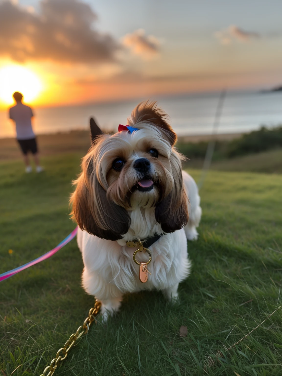 Araffe dog on a leash standing on grass at sunset, looking at sunset, Shih Tzu, in the sunset, sol brilhando sobre ele, in the sunset, during a sunset, at a beautiful sunset, during sunset, at sunset, morning golden hour, watching the sunset, Sunset!, Directed by: Luis Miranda, Directed by: Warren Mahy