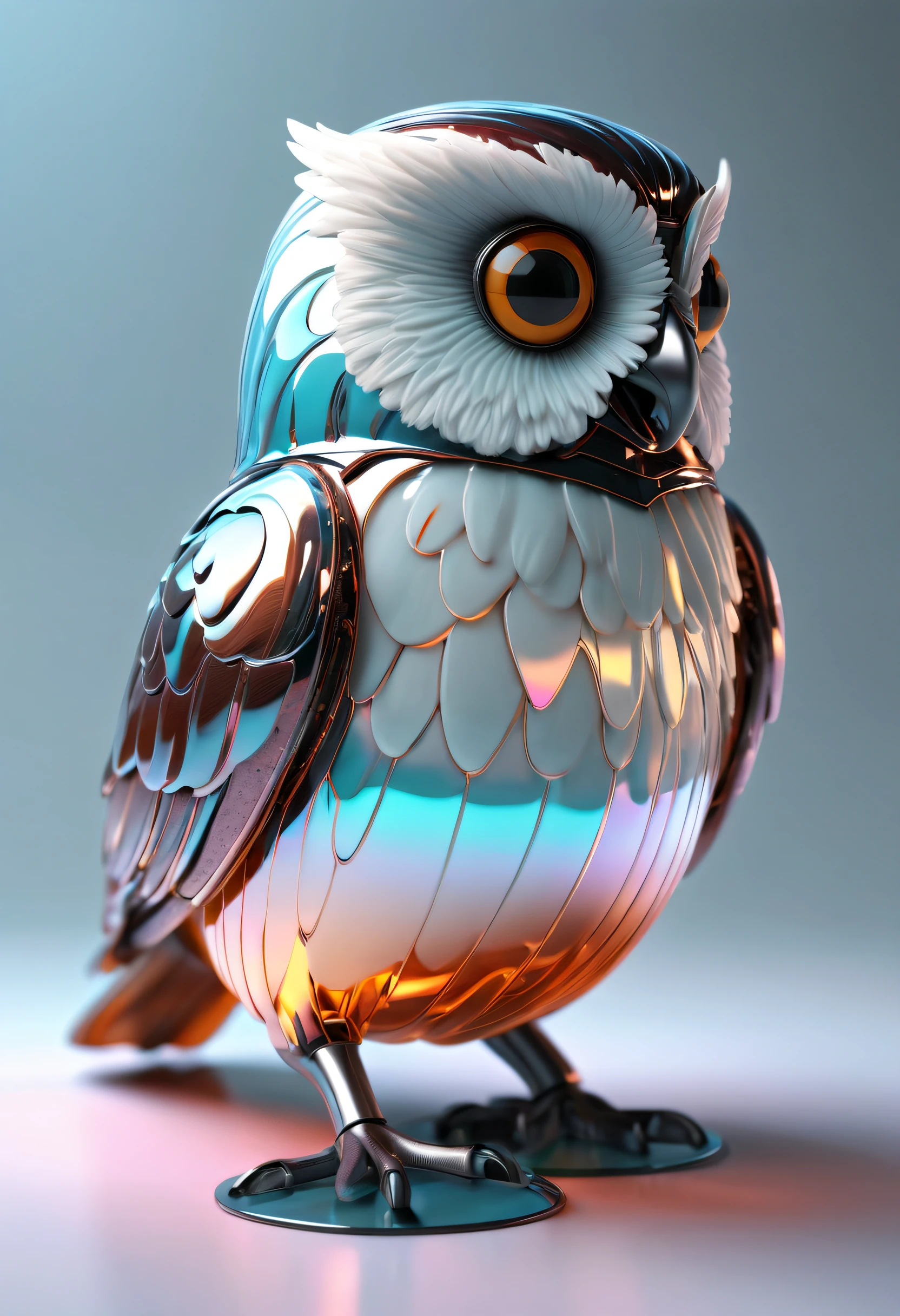 (Hooters:1.8)，Nocturnal birds，metalictexture，Retro cyberpunk，ultra-realistic realism，The Arthur effect, Transparent body, Gradient translucent glass melt, Caustics, transparent glass texture, Irridescent color, Designed by Dietrams, Simple, Glows in high detail, white backgrounid, industrial design, studio lit, C4D, OC renderer, Clean shadows, 4K