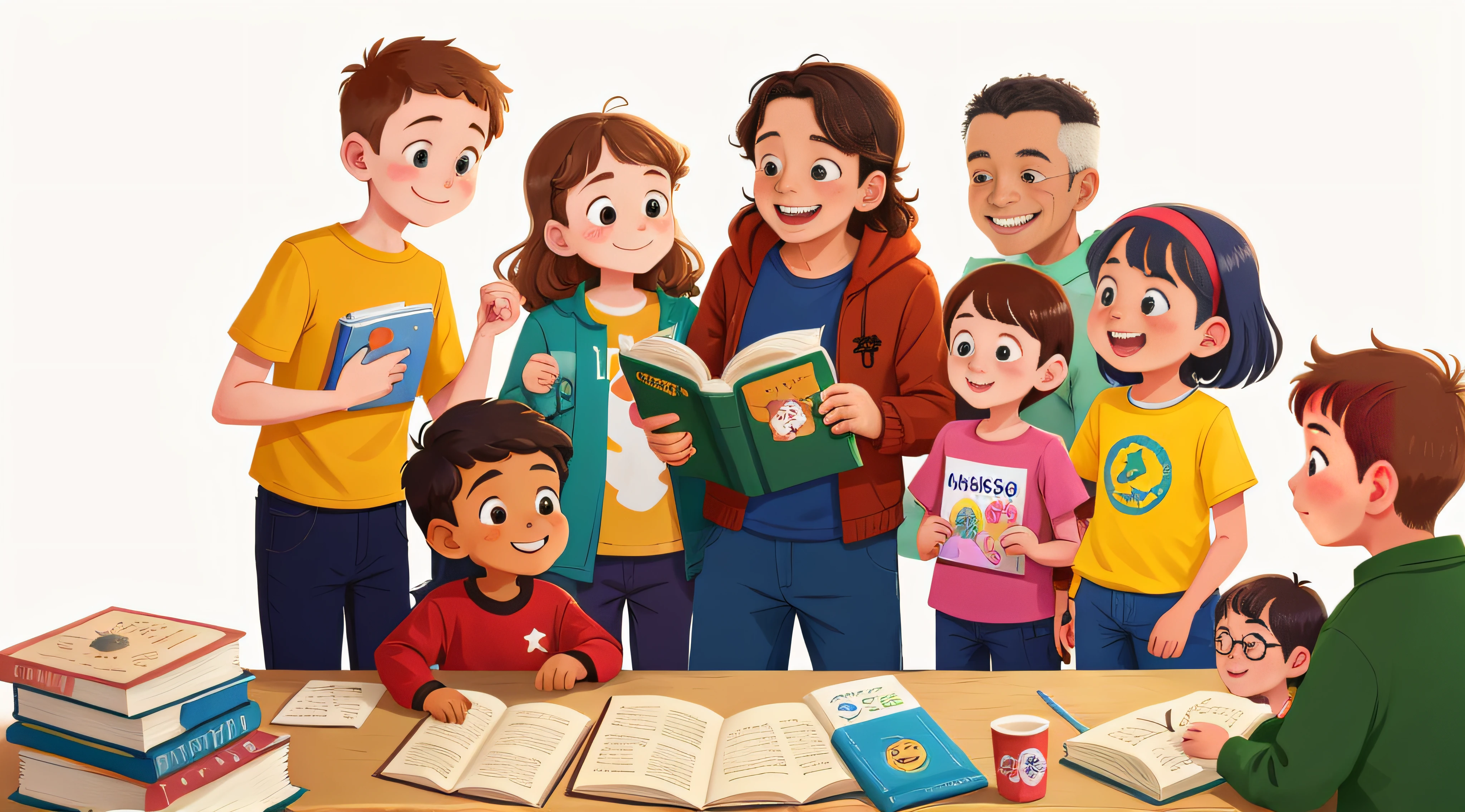 Ilustre Liz e alguns amigos entregando brinquedos, Books and clothes for happy children. The background shows several people watching and being inspired by the solidarity action