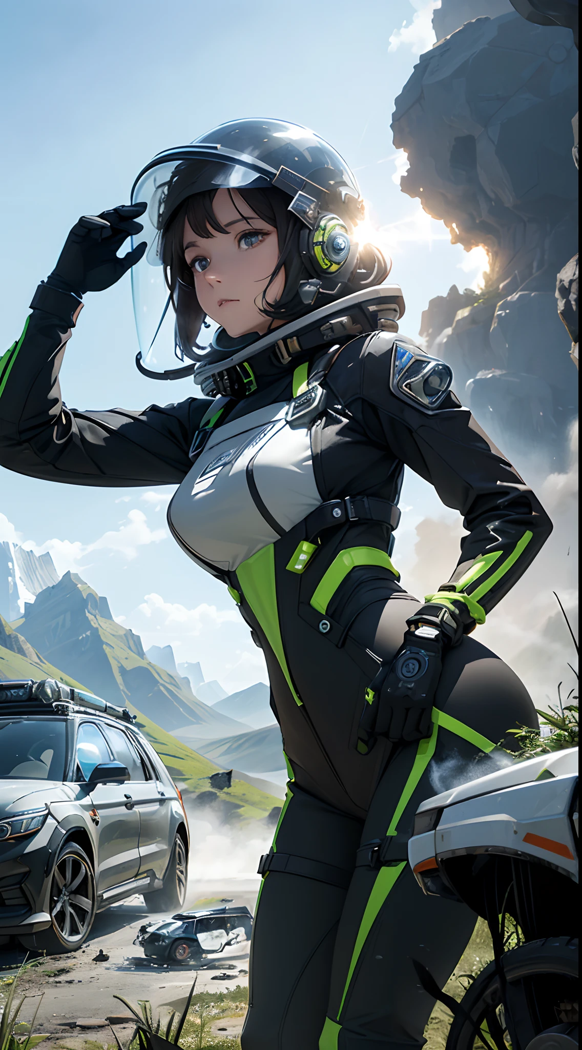 award winning closeup photo of a female (sci-fi explorer:1.3) wearing helmet with hexagonal glass visor, [Style-Psycho::10], beside a (crashed vehicle:1.2), (smoke:1.4), looking out over a verdant alien planet, (mountains:1.2) (tall grass:1.2), rocks, highly detailed, fine detail, (intricate:1.3), (lens flare:0.6), (backlighting:0.8), (bloom:0.8), shallow depth of field