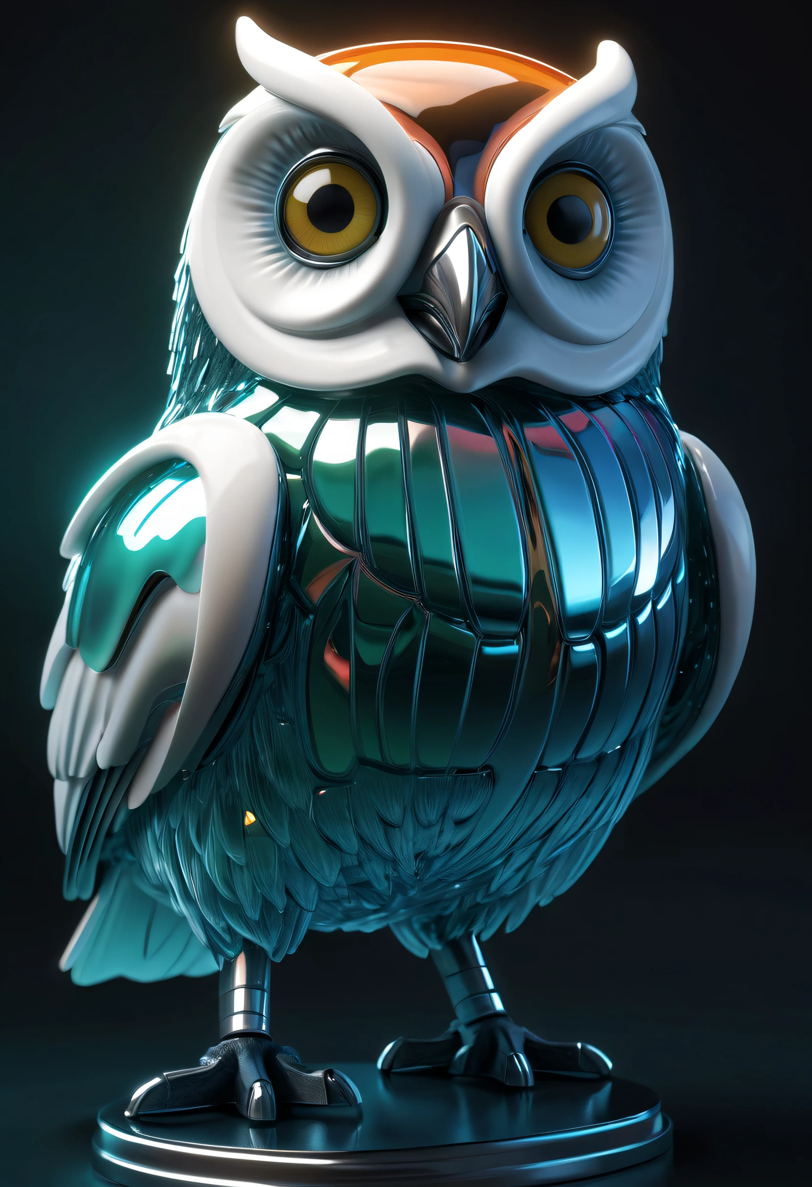 (Hooters:1.8),Nocturnal birds,metalictexture,Retro cyberpunk,ultra-realistic realism,The Arthur effect, Transparent body, Gradient translucent glass melt, Caustics, transparent glass texture, Irridescent color, Designed by Dietrams, Simple, Glows in high detail, white backgrounid, industrial design, studio lit, C4D, OC renderer, Clean shadows, 4K