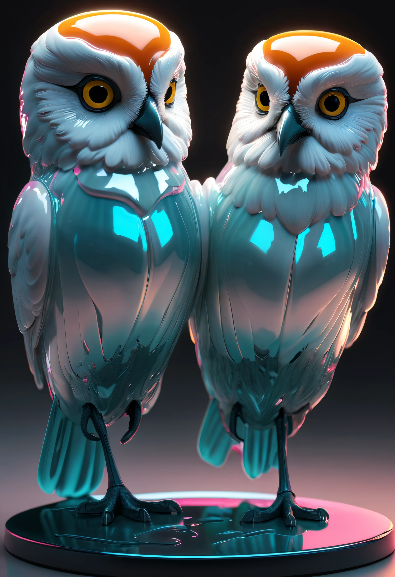 (Hooters:1.8),Nocturnal birds,metalictexture,Retro cyberpunk,ultra-realistic realism,The Arthur effect, Transparent body, Gradient translucent glass melt, Caustics, transparent glass texture, Irridescent color, Designed by Dietrams, Simple, Glows in high detail, white backgrounid, industrial design, studio lit, C4D, OC renderer, Clean shadows, 4K