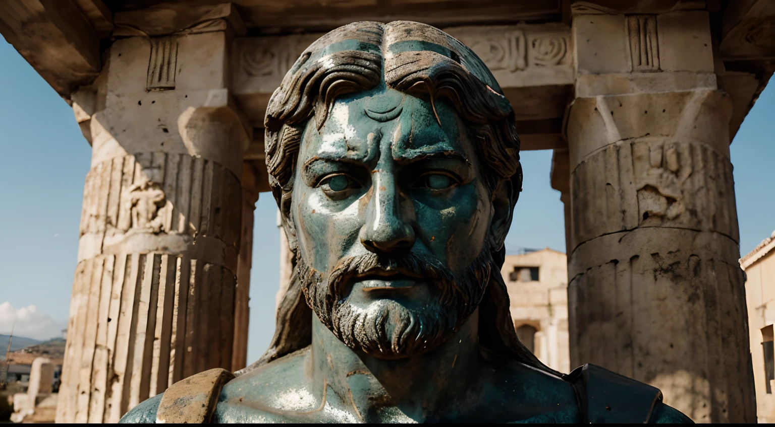 Ancient Stoic Statue With Very Angry Expression, tem barba, muitos detalhes em ambos os olhos, Outside, fundo atenas grego, open sky, com rosto extremamente detalhado full body view, Colors with low saturation with dark tone, Filmado em Sony A7S III com Sony FE 35mm f/1.8, 12.1 MP, --AR 3:2 --estilo cru