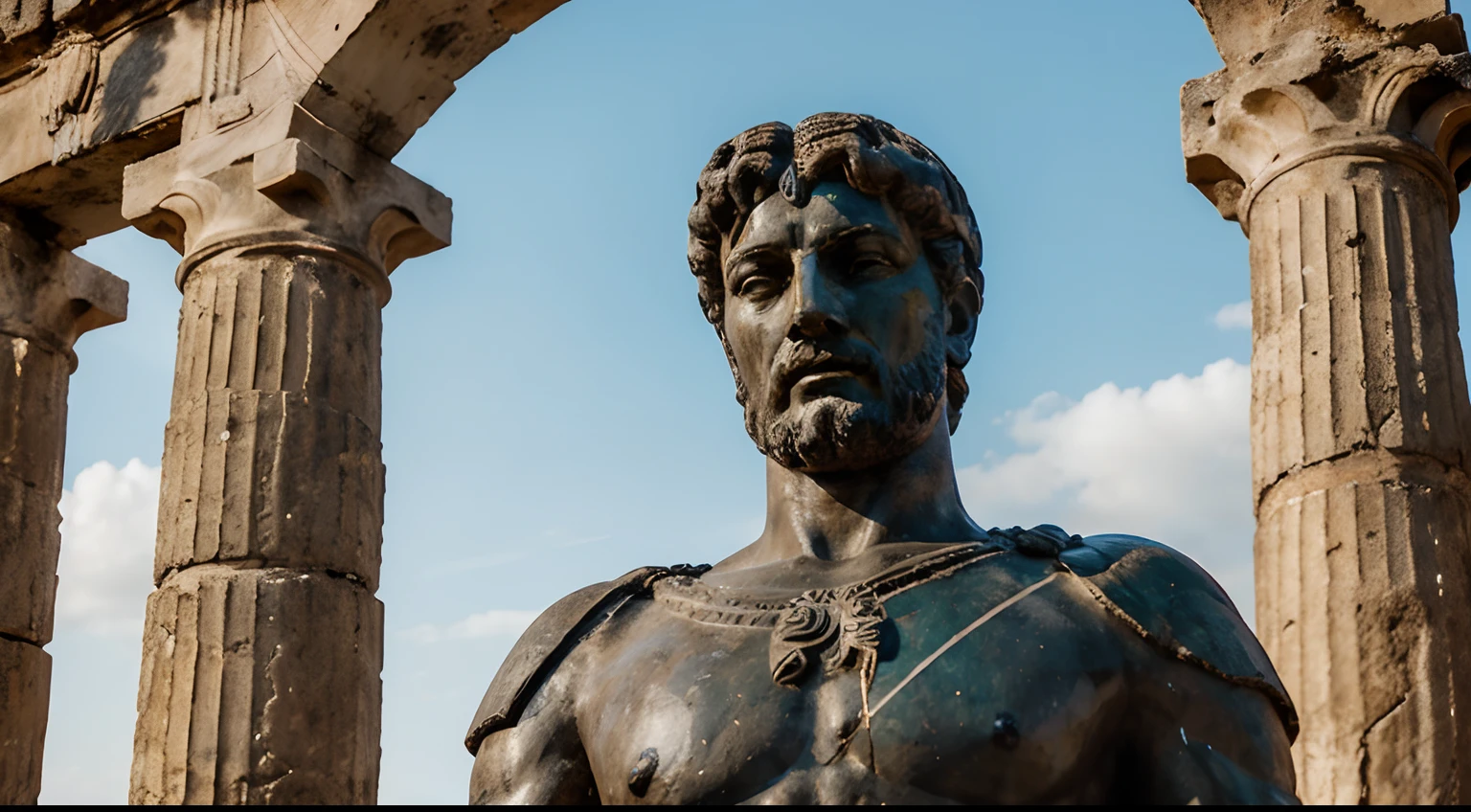 Ancient Stoic Statue With Very Angry Expression, tem barba, muitos detalhes em ambos os olhos, Outside, fundo atenas grego, open sky, com rosto extremamente detalhado full body view, Colors with low saturation with dark tone, Filmado em Sony A7S III com Sony FE 35mm f/1.8, 12.1 MP, --AR 3:2 --estilo cru