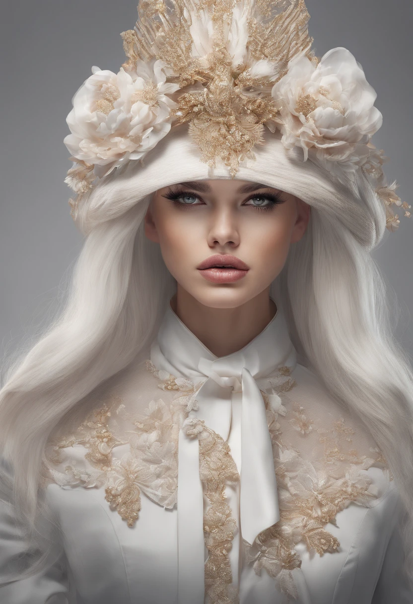 A woman with long white hair wearing a white dress and a gold crown ...